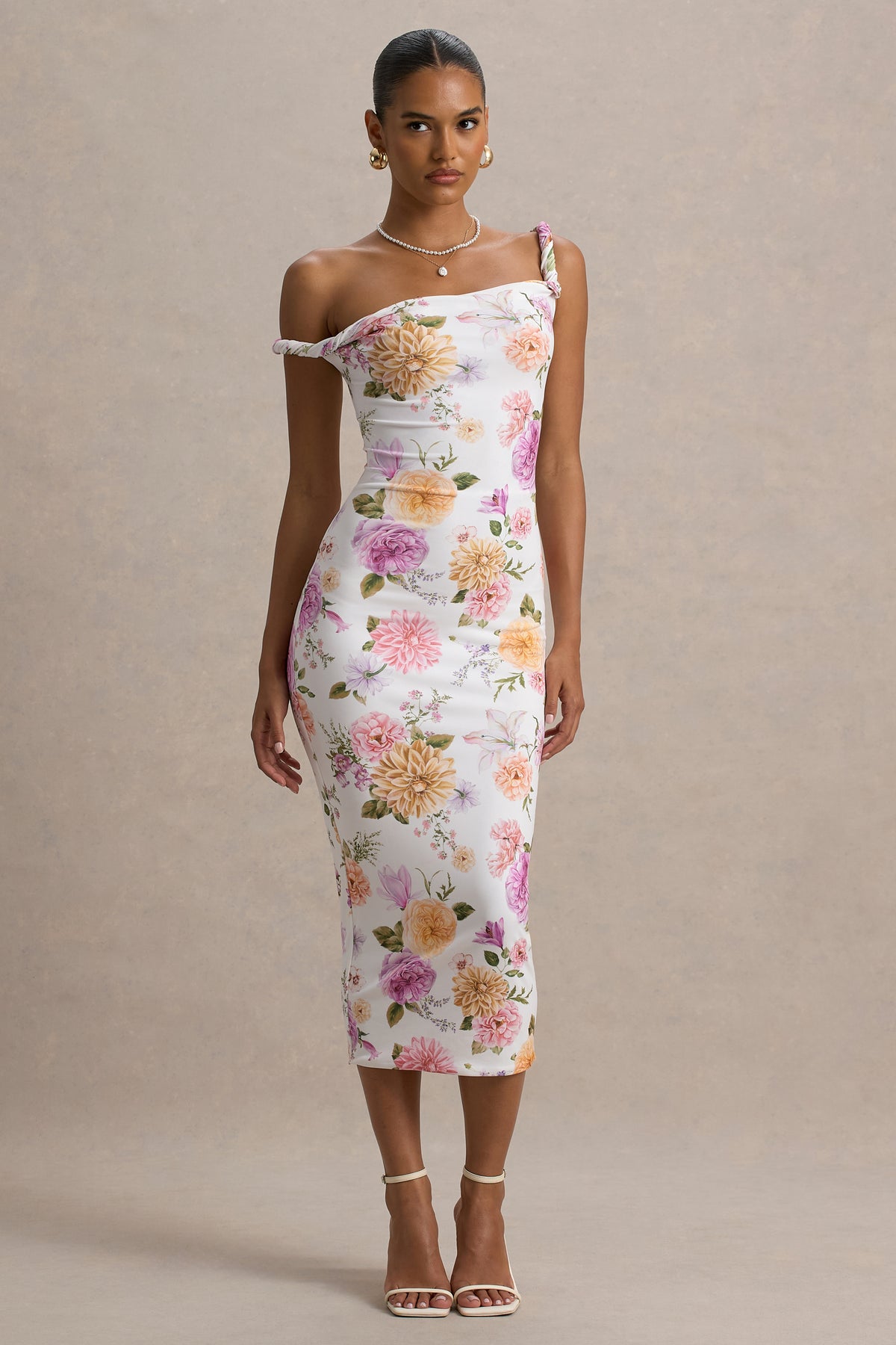 Nora | White Floral Twisted Asymmetric Midi Dress