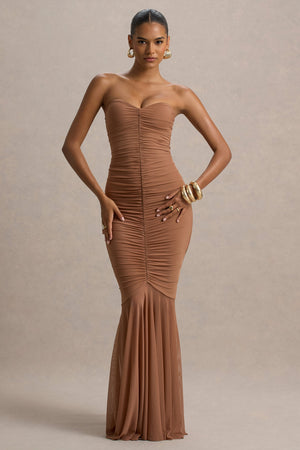 Talisa | Mocha Bandeau Ruched Maxi Dress With Mesh Fishtail – Club