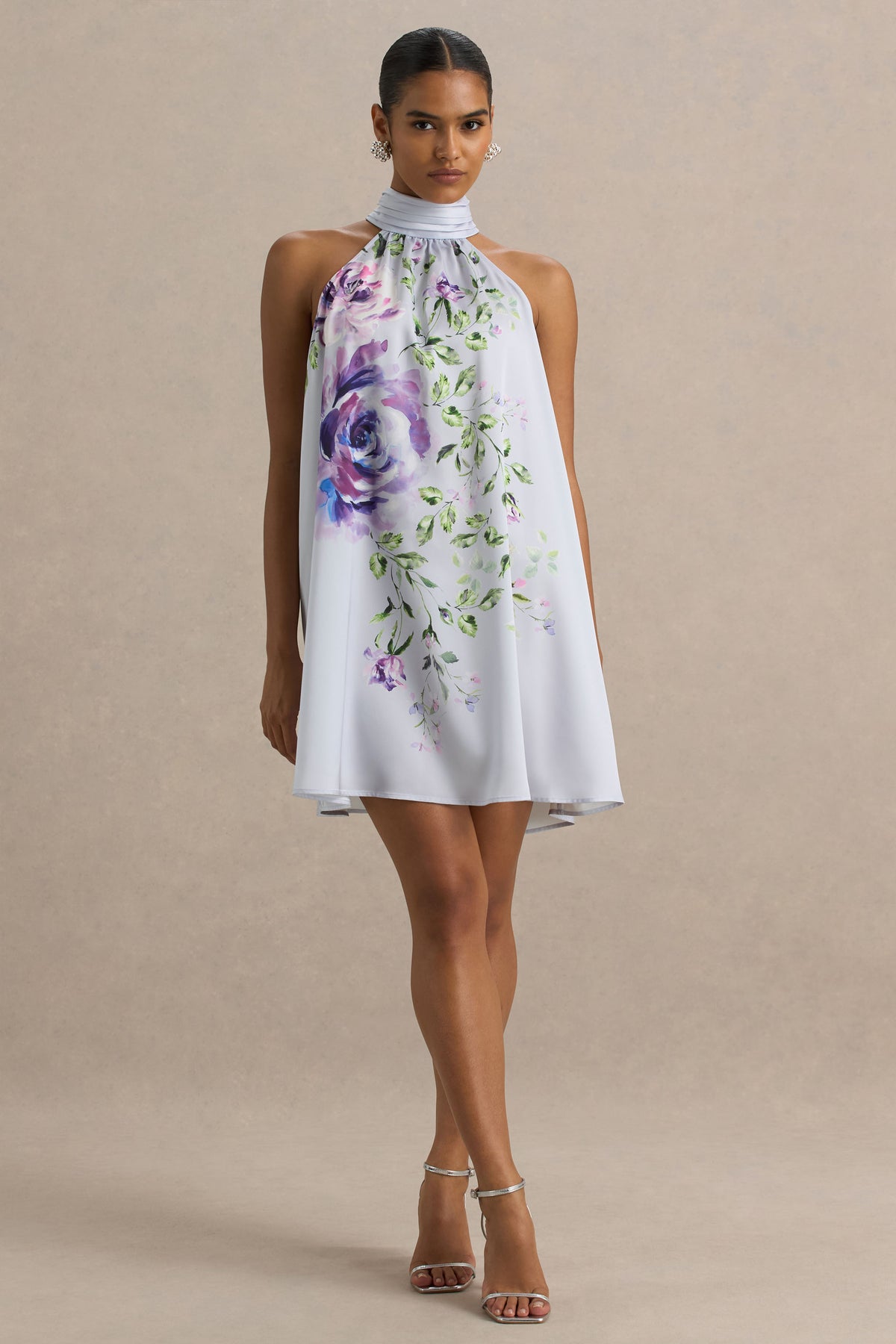 Evita | Powder BLUE Rose Print High-Neck A-Line Mini Dress With Bow - UK 12 Powder BLUE Evita | Powder BLUE Rose Print High-Neck A-Line Mini Dress With Bow - UK 12 Powder BLUE