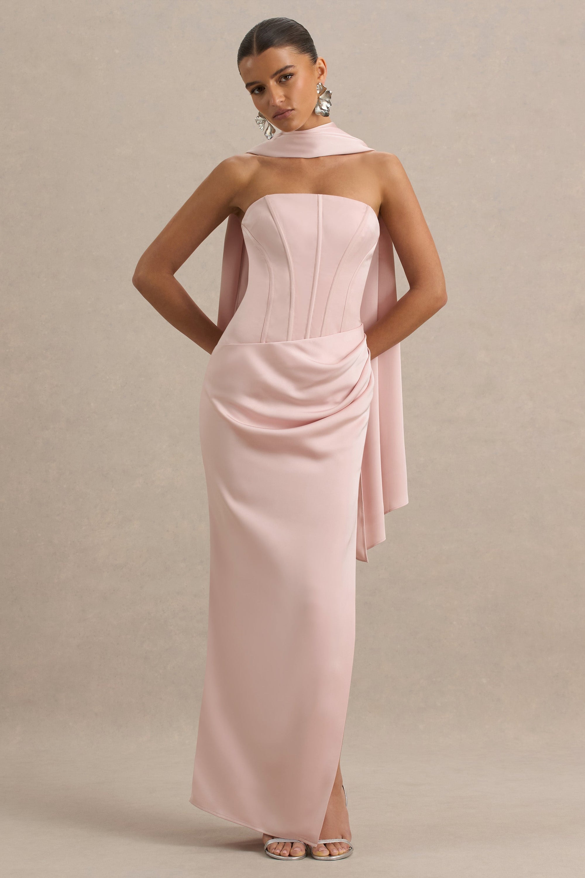 Joseline | Pale Pink Satin Corset Wrap Maxi Dress With Scarf – Club L London