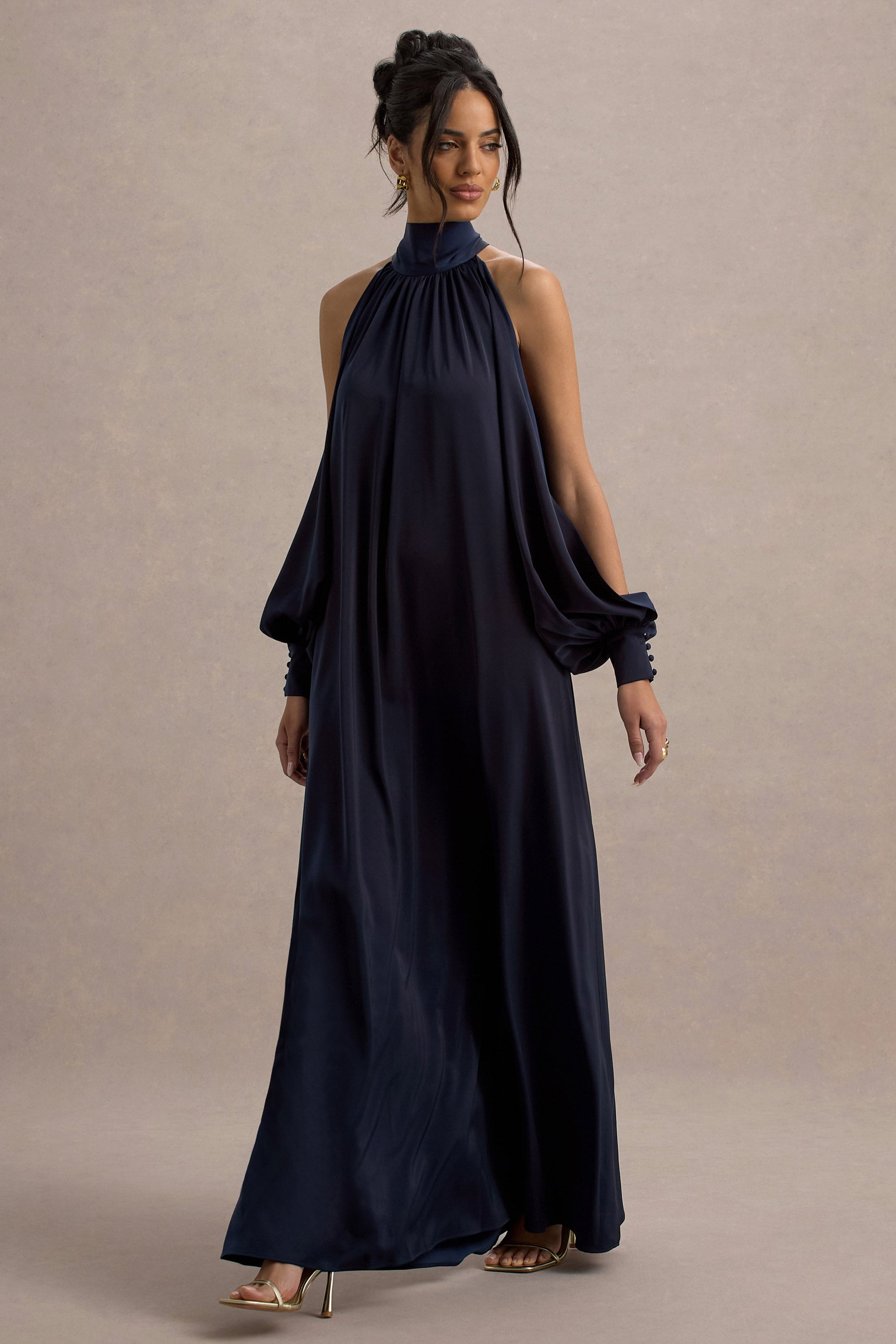 Baila | NAVY Satin High-Neck Cape-Sleeve Maxi Dress