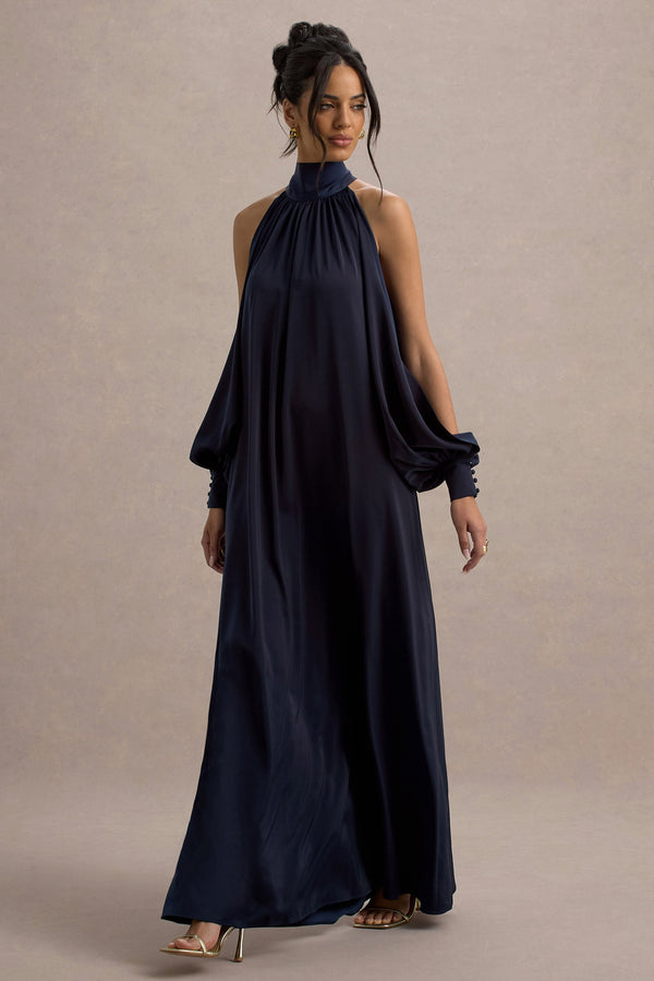 Baila Navy Satin High-Neck Cape-Sleeve Maxi Dress – Club L London