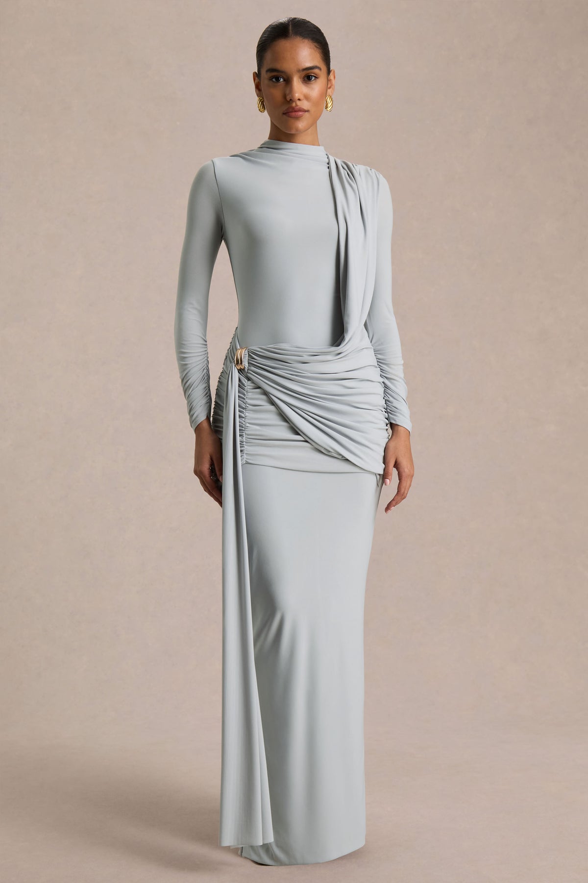 Melissa Blue Long-Sleeve Wrap Maxi Dress With Draped Detailing Club L London - USA Melissa Blue Long-Sleeve Wrap Maxi Dress With Draped Detailing Club L London - USA