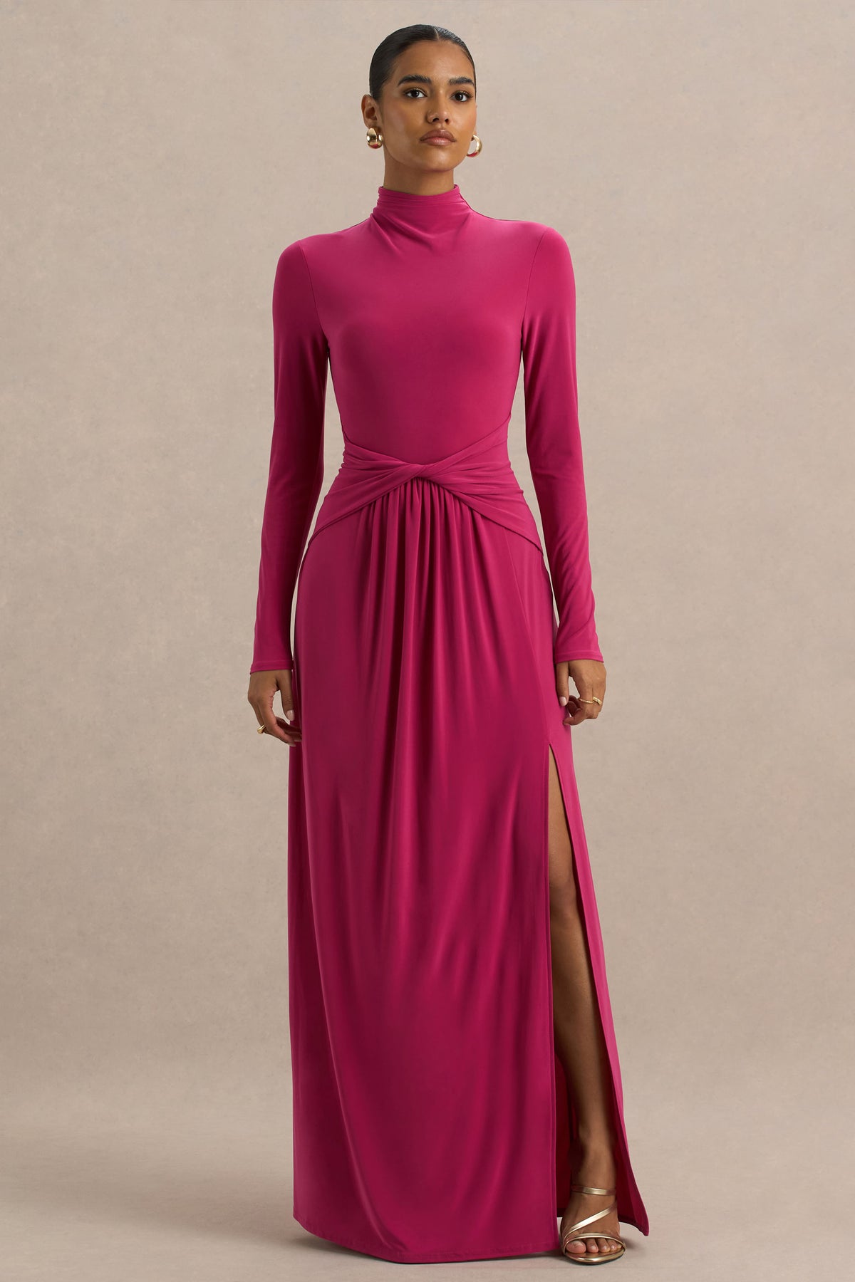 Hourglass Hot Pink Long-Sleeve Twisted Maxi Dress With Split Club L London - USA Hourglass Hot Pink Long-Sleeve Twisted Maxi Dress With Split Club L London - USA