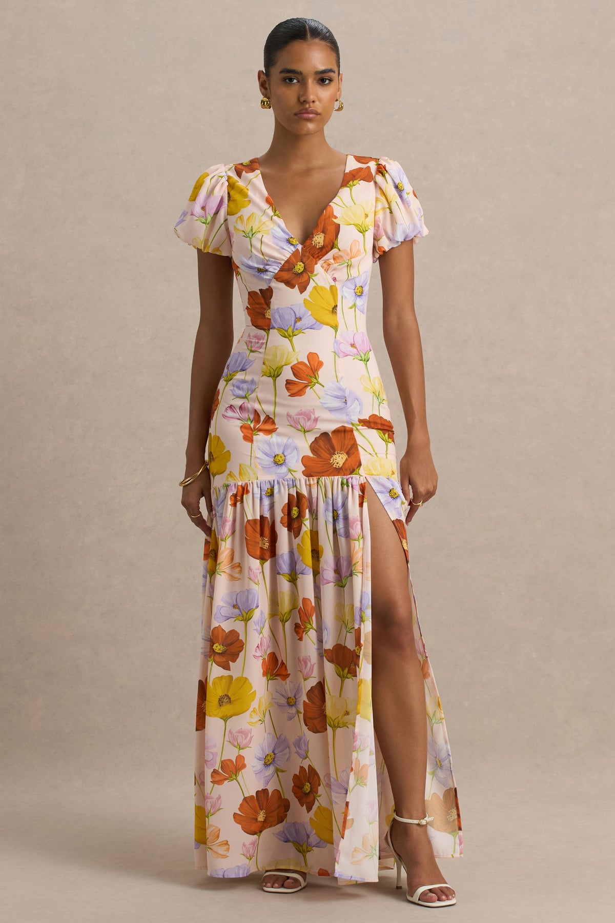 Ginny | Bright Floral Print Puff-Sleeve Split Maxi Dress Ginny | Bright Floral Print Puff-Sleeve Split Maxi Dress