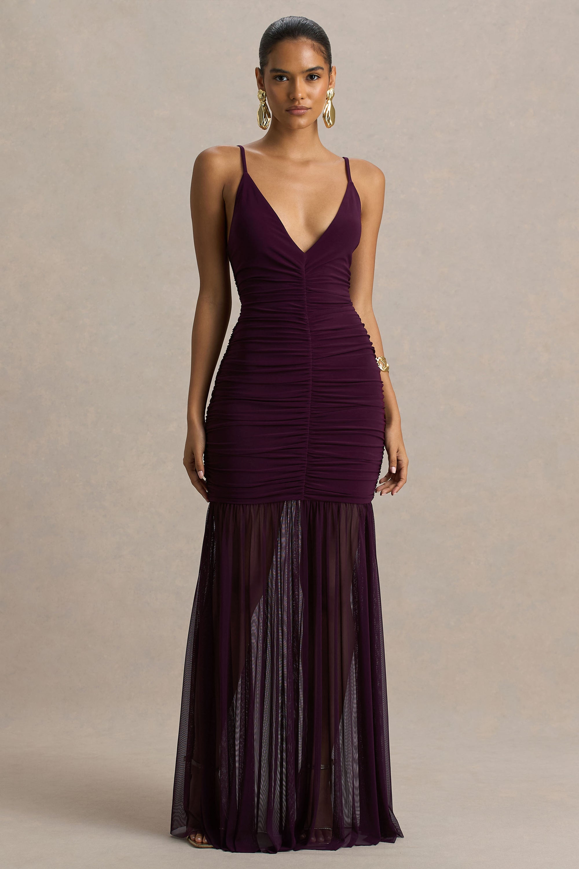 soulina ruched maxi dress purple Princess Polly Soulina mesh ruffle edge plunge side slit maxi dress in purple