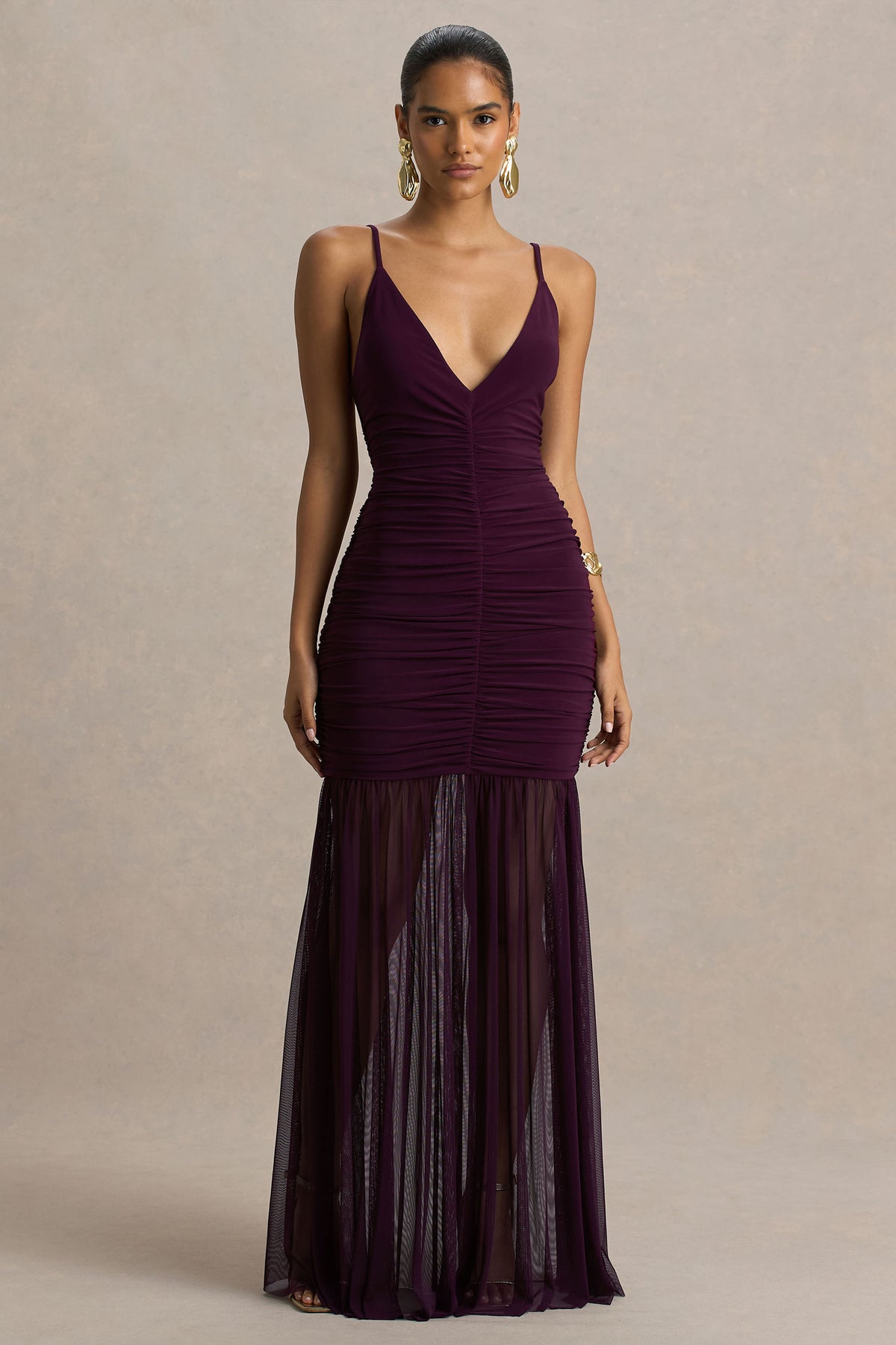 Pasqualina | PLUM Ruched Plunge-Neck Maxi Dress - UK 6 PLUM Pasqualina | PLUM Ruched Plunge-Neck Maxi Dress - UK 6 PLUM