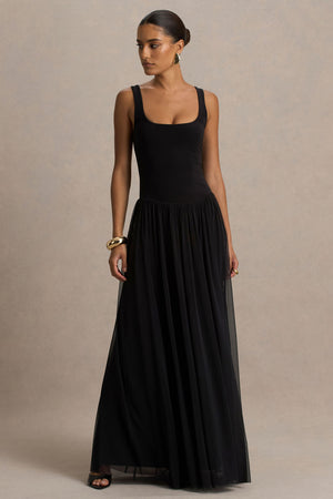 美品✨アメリ SHEER DOCKING PLEATS DRESS ロング 黒 Amelia | Black Scoop-Neck Maxi Dress With Pleated Skirt – Club L