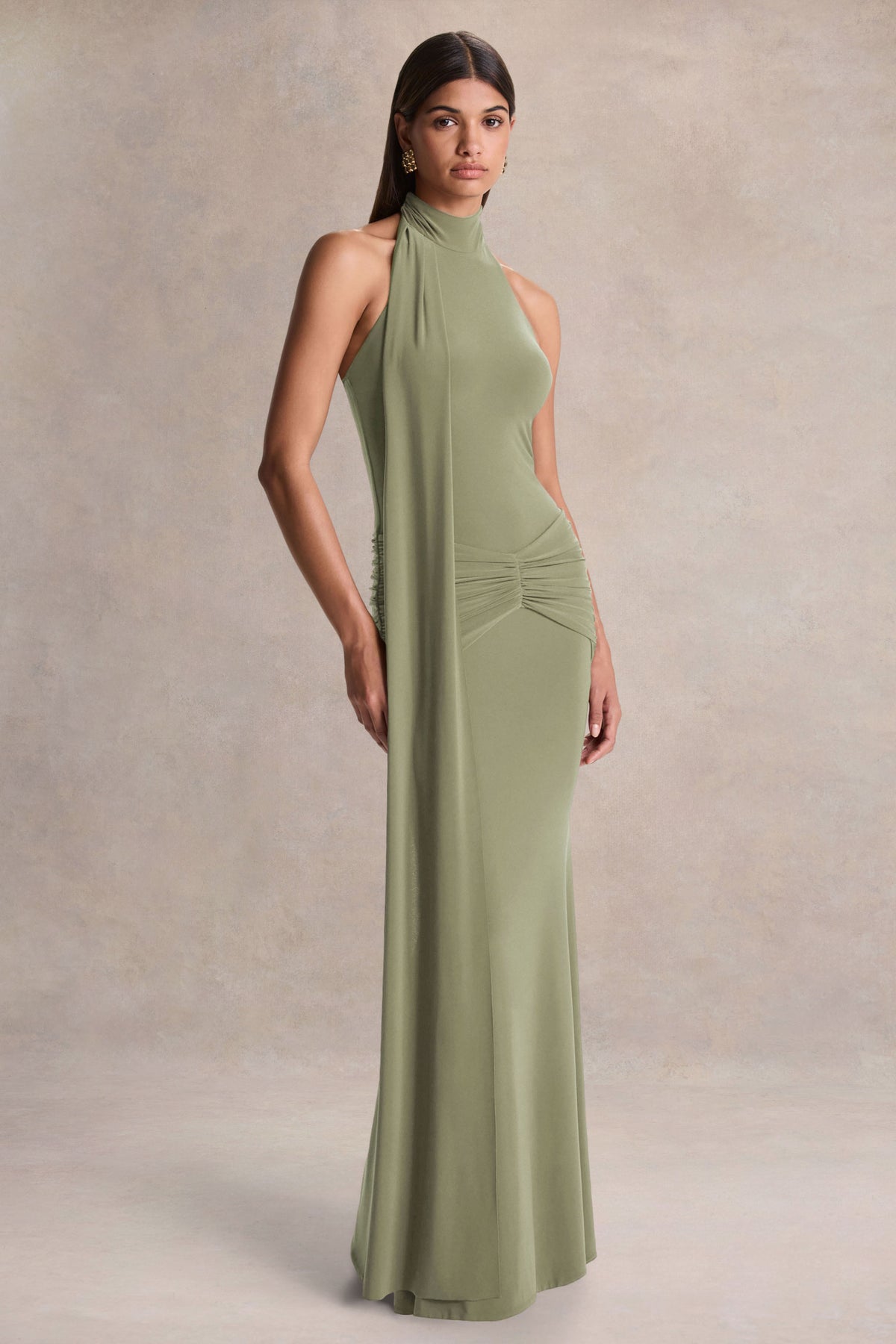 Hyla Green High-Neck Maxi Dress With Sash-Detail Club L London - USA Hyla Green High-Neck Maxi Dress With Sash-Detail Club L London - USA
