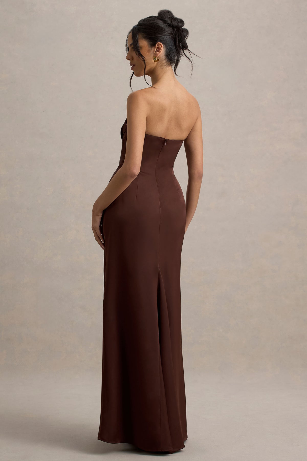 Mackenzie | Brown Satin Plunge-Neck Draped Maxi Dress