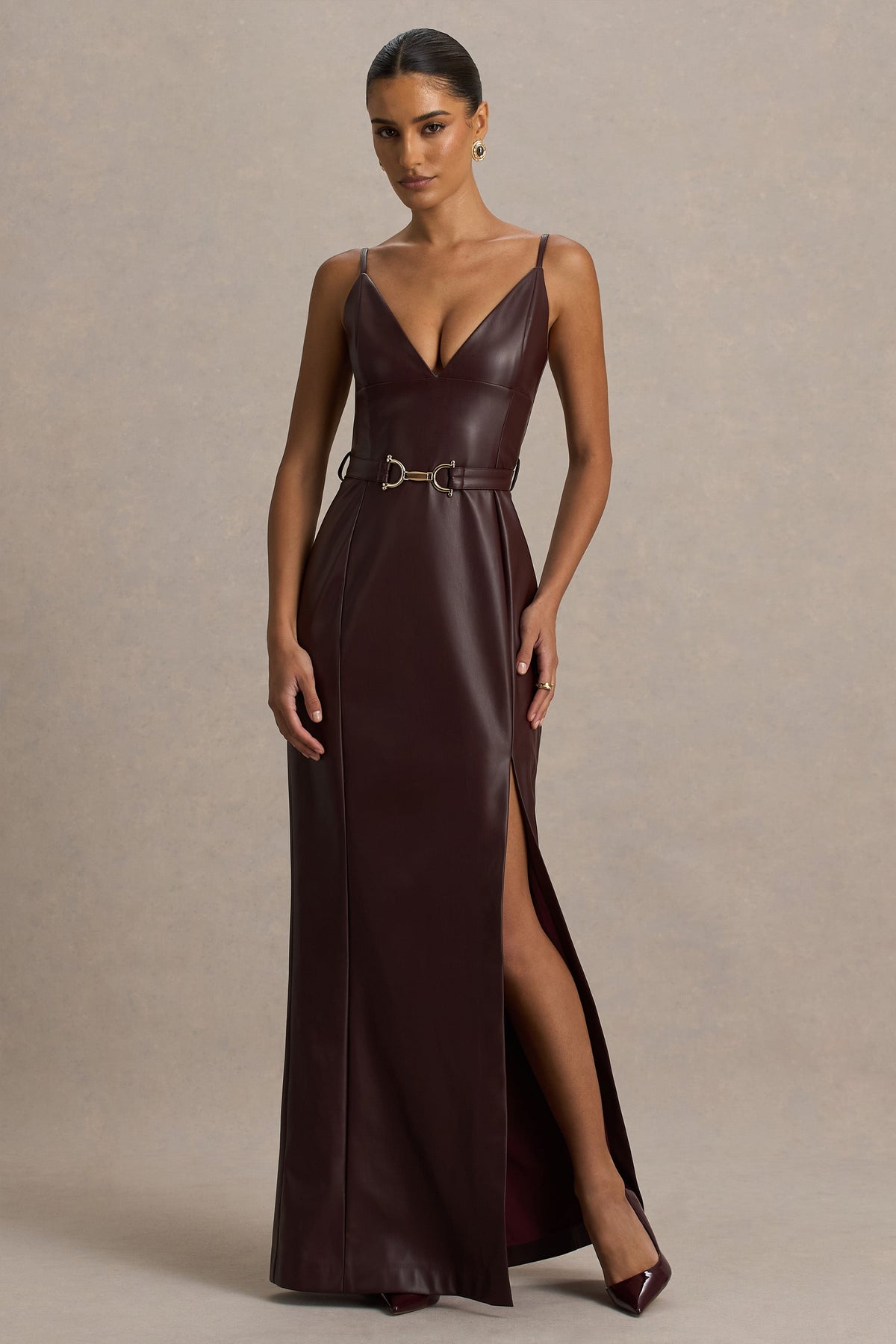 Lila Burgundy Faux Leather Plunge-Neck Maxi Dress With Split Club L London - USA Lila Burgundy Faux Leather Plunge-Neck Maxi Dress With Split Club L London - USA