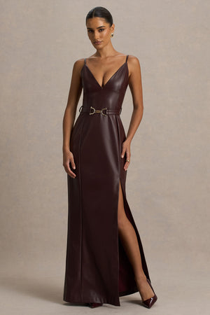 faux leather v neck dress Lila | Burgundy Faux Leather Plunge-Neck Maxi Dress With Split