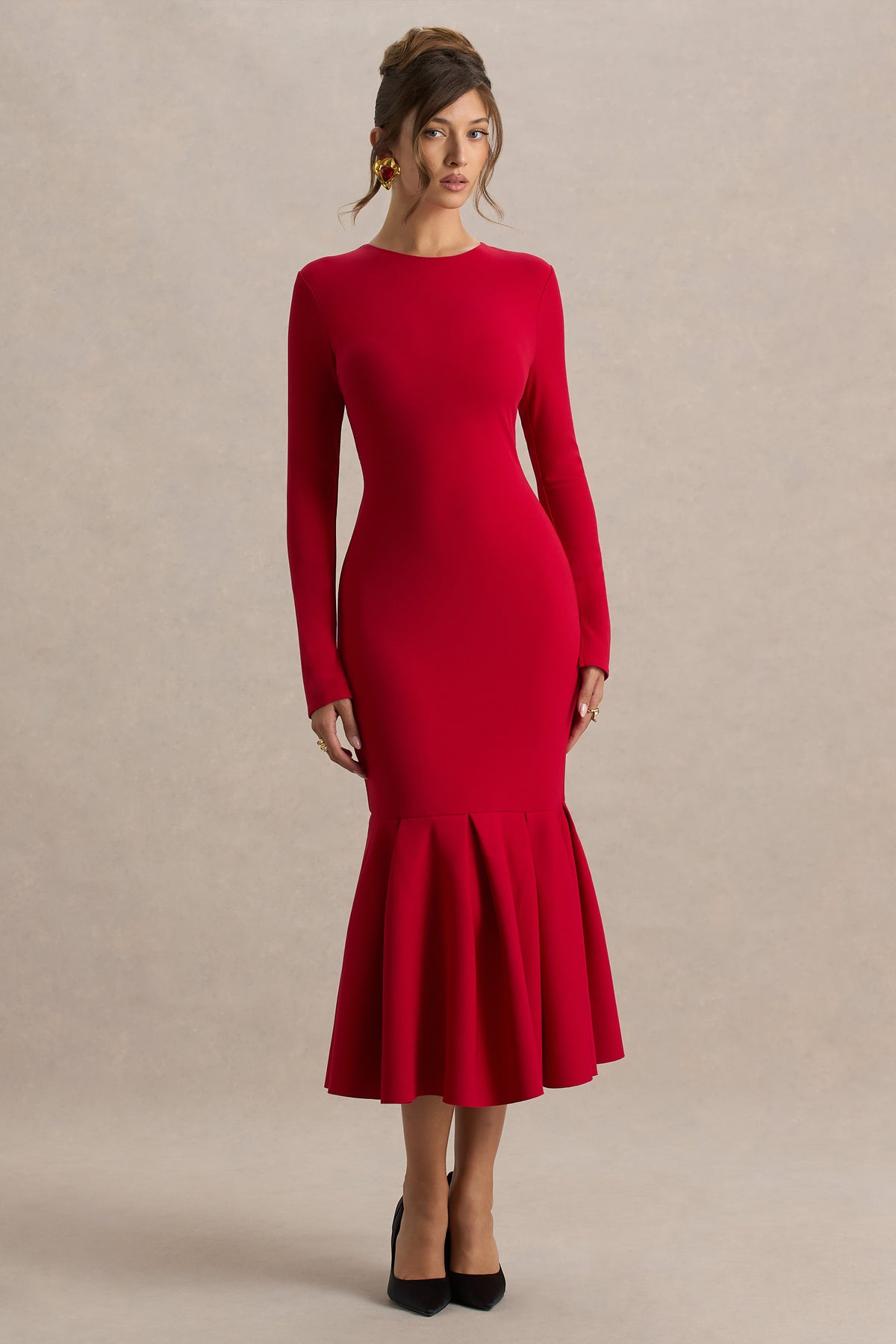 Liberty | Red High Neck Mermaid Midi Dress with Ruffling Detail - UK 10 Red Liberty | Red High Neck Mermaid Midi Dress with Ruffling Detail - UK 10 Red