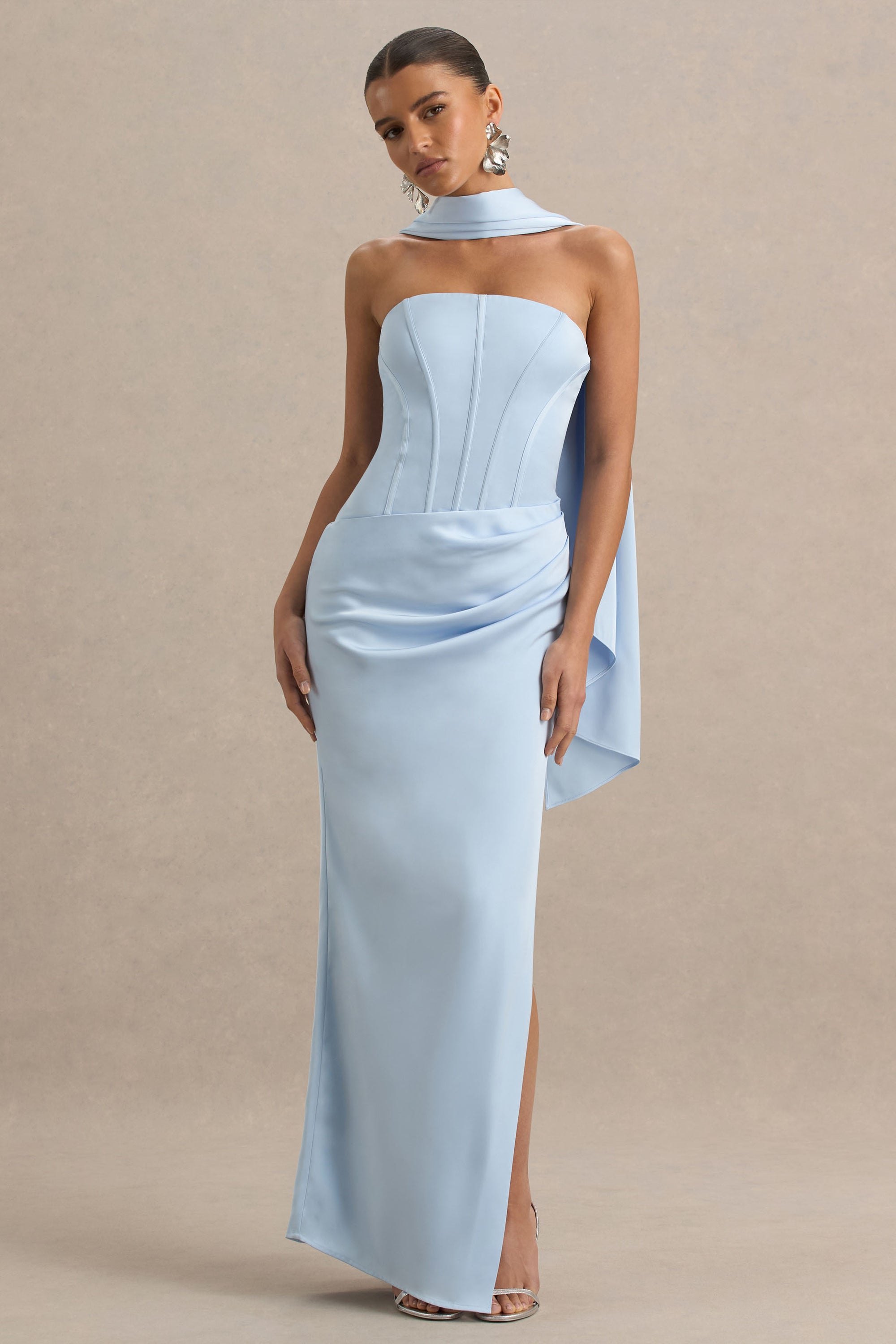 Joseline | Powder Blue Satin Corset Wrap Maxi Dress With Scarf – Club L London