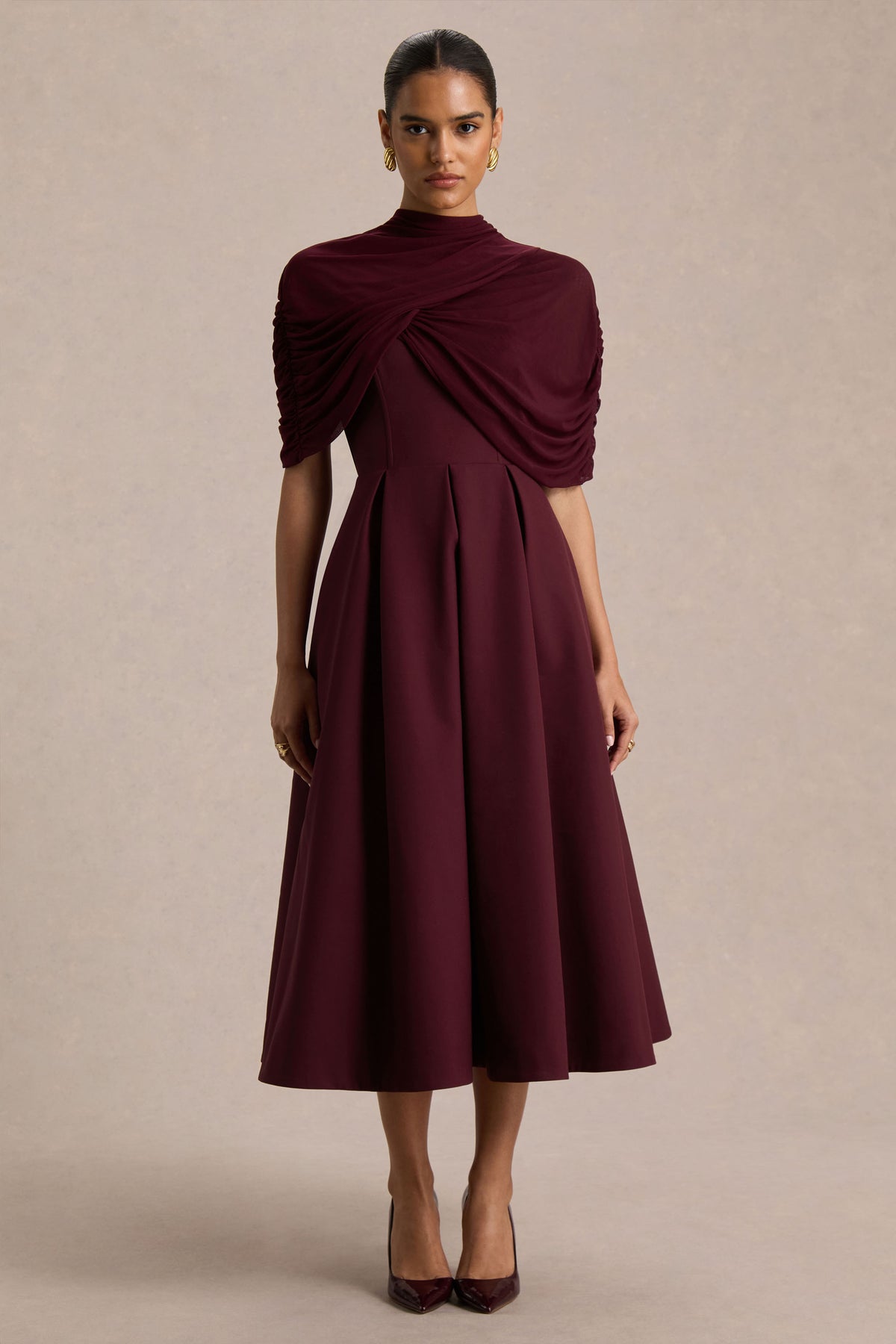 Thalia | Burgundy High-Neck Midi Dress With Sheer Mesh Cape - UK 14 Burgundy Thalia | Burgundy High-Neck Midi Dress With Sheer Mesh Cape - UK 14 Burgundy