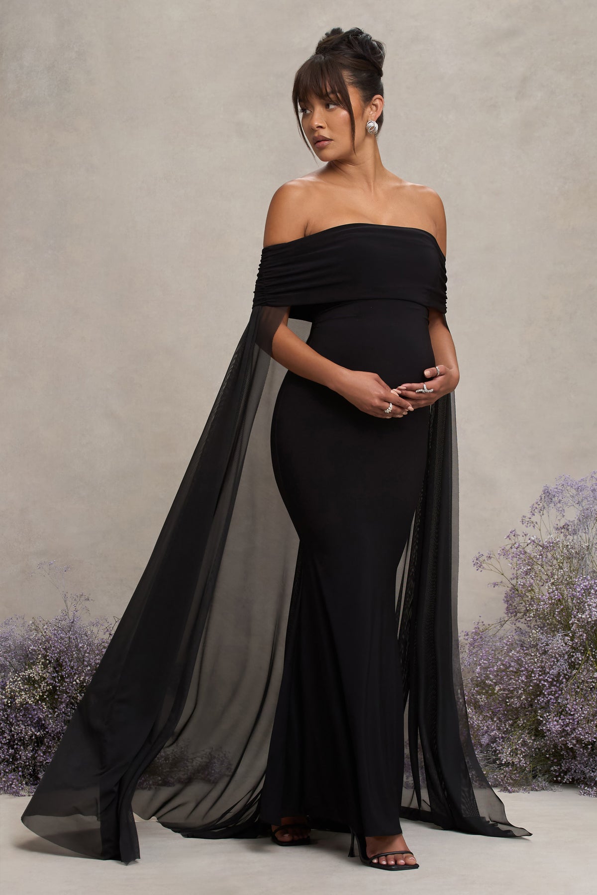 Carlotta Black Bardot Maternity Maxi Dress With Chiffon Cape Club L London - USA Carlotta Black Bardot Maternity Maxi Dress With Chiffon Cape Club L London - USA