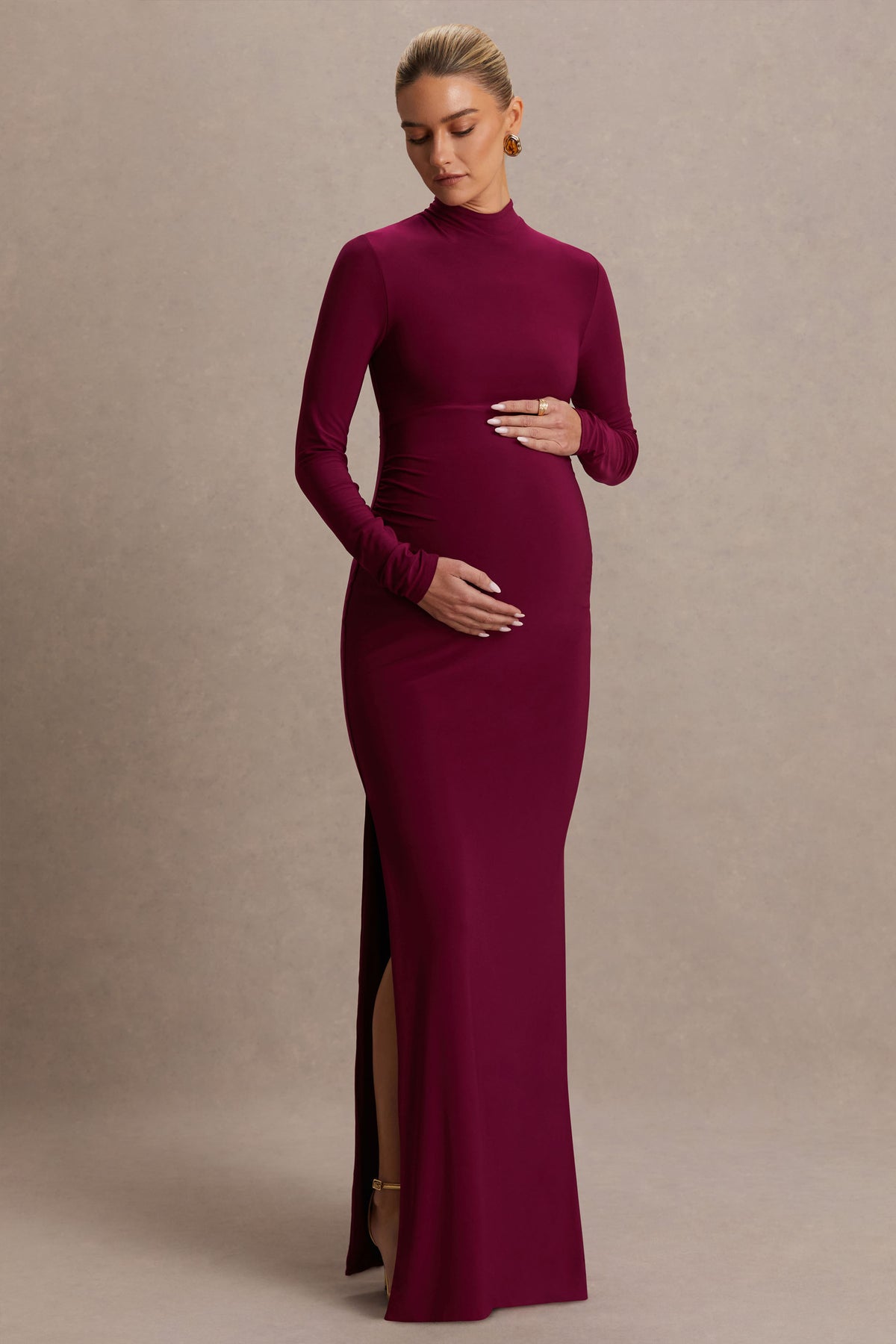 Alejandra | Burgundy Maternity Long Sleeve High Neck Maxi Dress