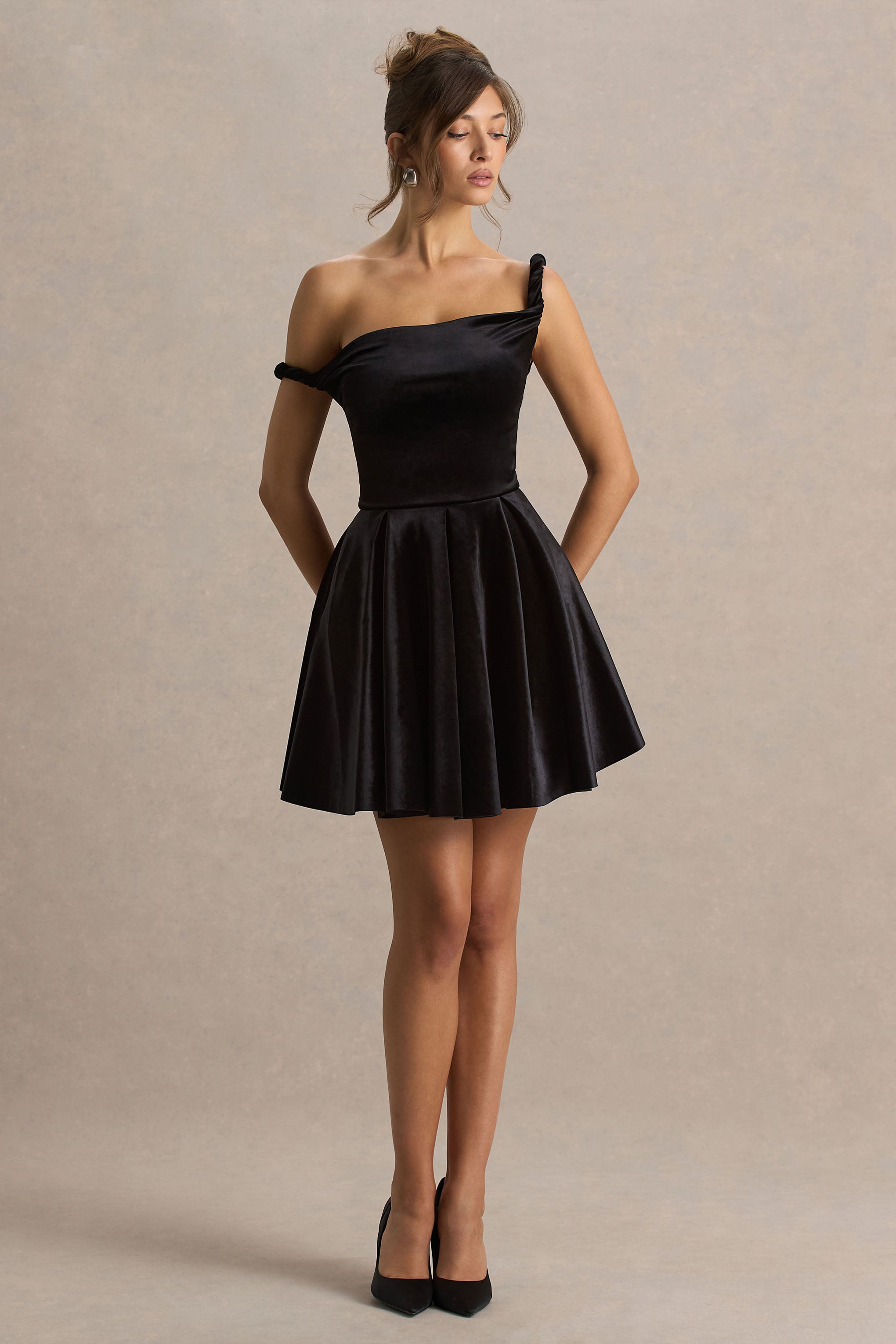 Leticia | Black Asymmetric-Neck Velvet Mini Dress With Twist
