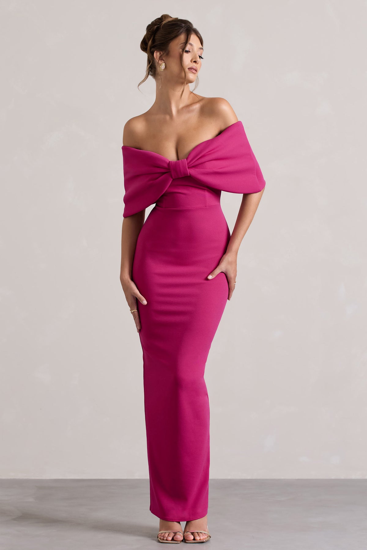 Cornelia Hot Pink Strapless Maxi Dress With Oversized Bow Club L London - USA Cornelia Hot Pink Strapless Maxi Dress With Oversized Bow Club L London - USA