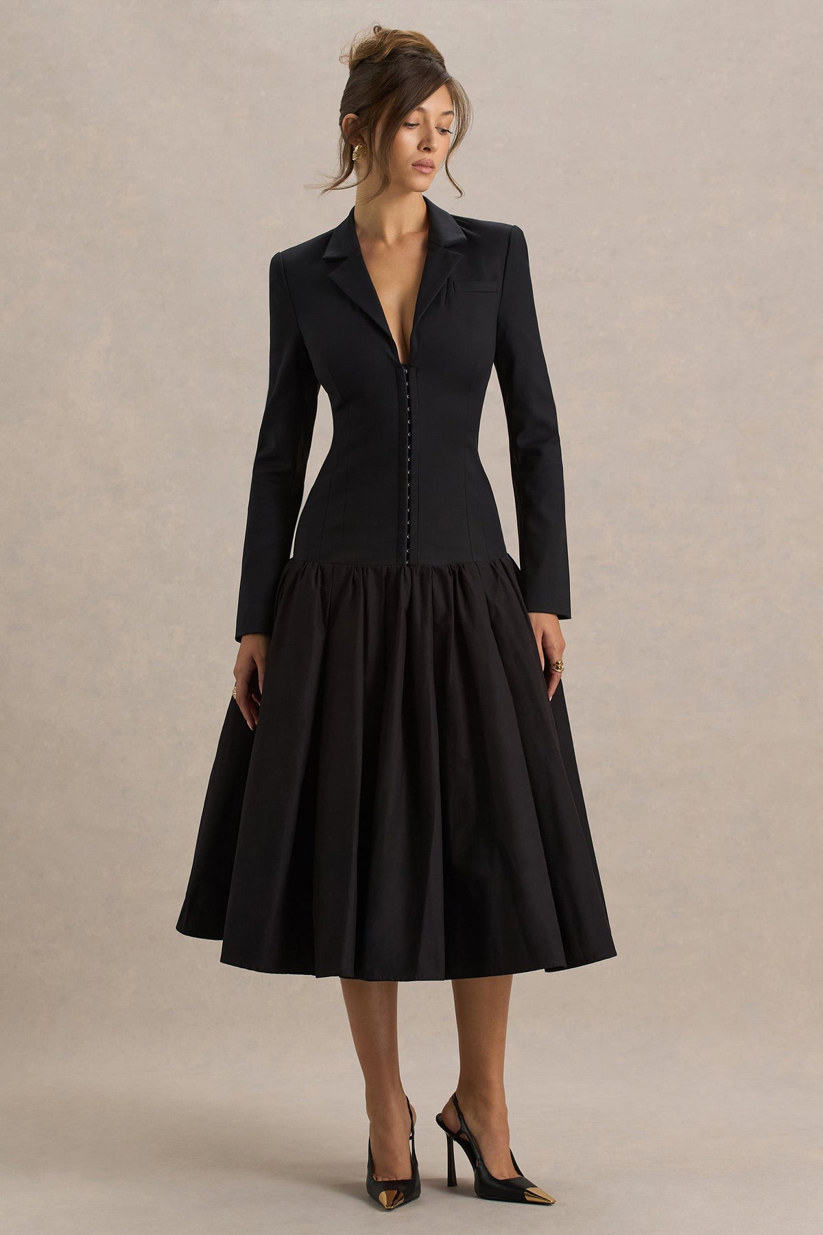 Cosmopolitan Black Plunge-Neck Tailored Midi Dress With Pleated Hem Club L London - USA Cosmopolitan Black Plunge-Neck Tailored Midi Dress With Pleated Hem Club L London - USA