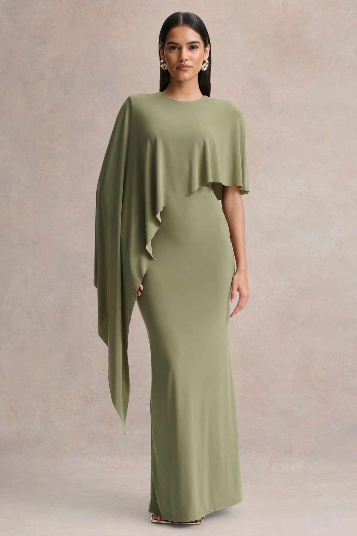 Ravena | Olive Crew-Neck Maxi Dress With Asymmetric-Cape Sleeve - UK 12 GREEN Ravena | Olive Crew-Neck Maxi Dress With Asymmetric-Cape Sleeve - UK 12 GREEN