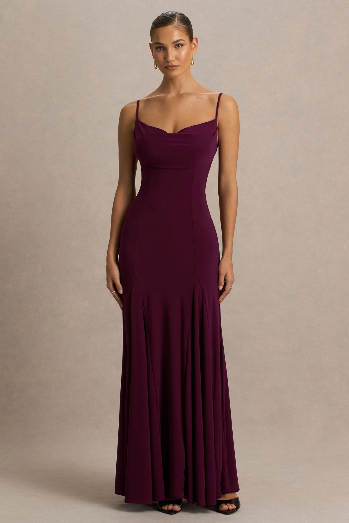 Gabbie | Burgundy Cowl-Neck Maxi Dress With Mesh Back Detail - UK 14 Burgundy Gabbie | Burgundy Cowl-Neck Maxi Dress With Mesh Back Detail - UK 14 Burgundy