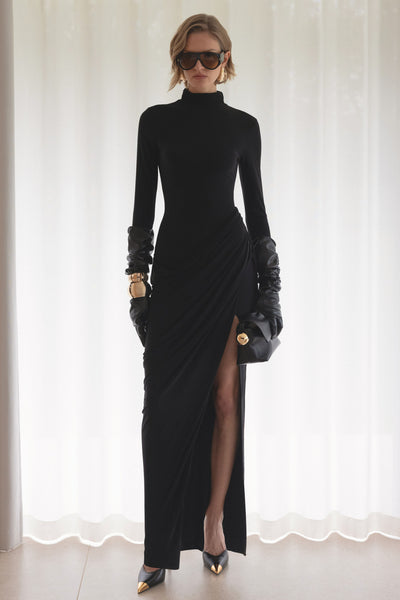 Betsy | Black High-Neck Maxi Dress With Front Split And Ruched