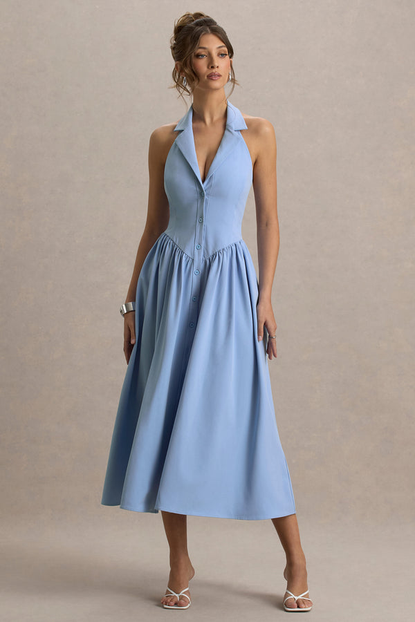 Samsara Light Blue Plunge-Neck Collared Midi Dress Club L London - USA Samsara Light Blue Plunge-Neck Collared Midi Dress Club L London - USA