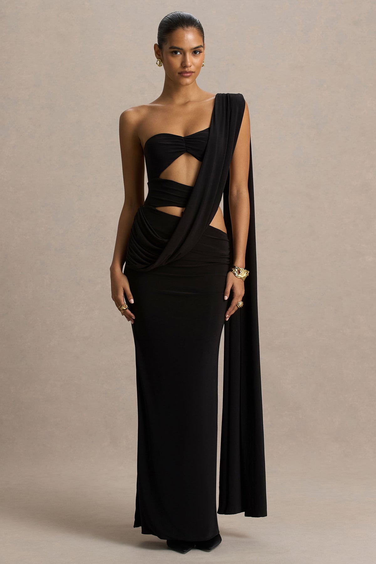 Nebula Black Bandeau Maxi Dress With Body Cut-Out Details Club L London - USA Nebula Black Bandeau Maxi Dress With Body Cut-Out Details Club L London - USA