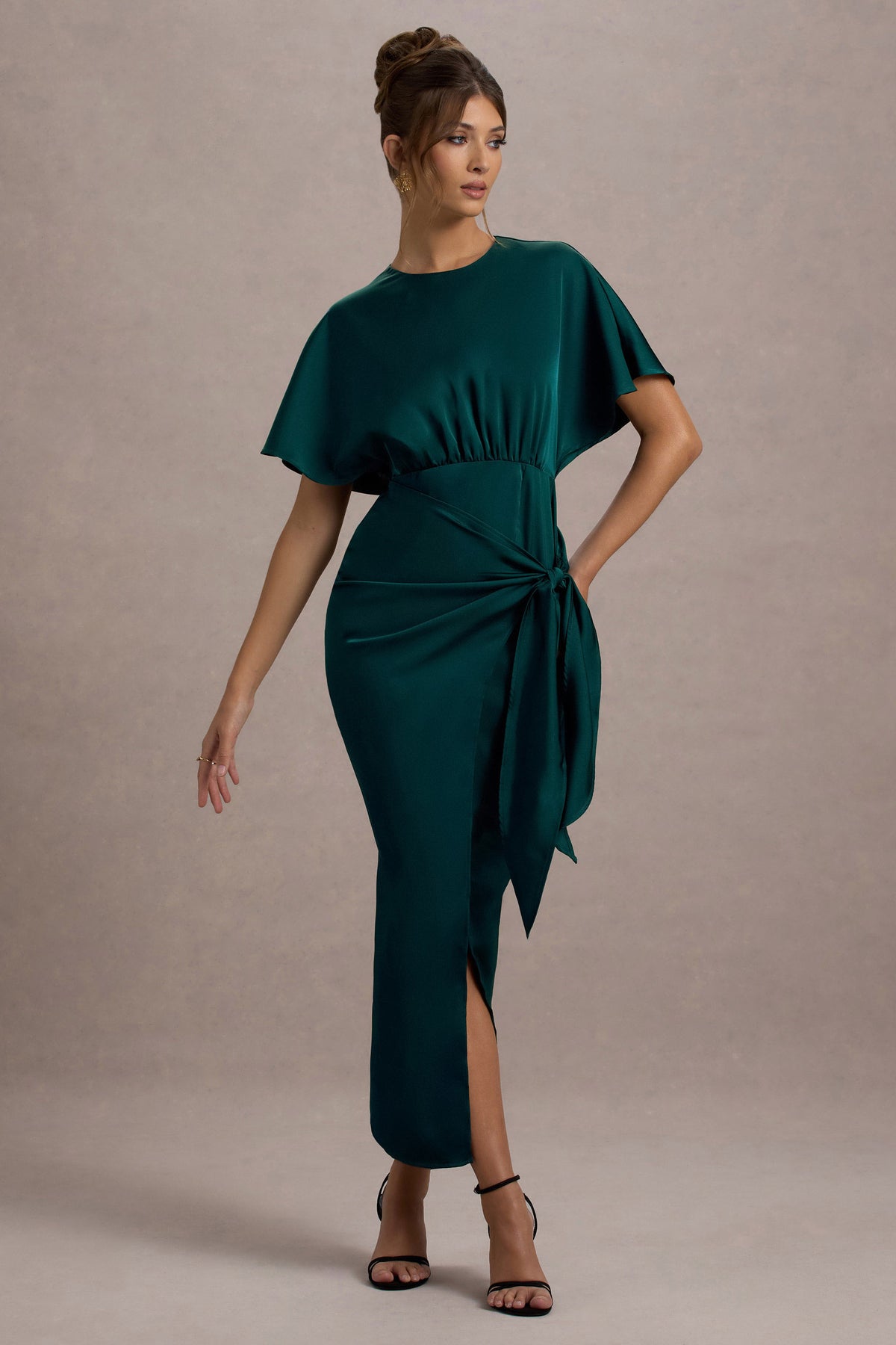 Mika Bottle Green Satin Short-Sleeve Wrap Maxi Dress Club L London - USA Mika Bottle Green Satin Short-Sleeve Wrap Maxi Dress Club L London - USA