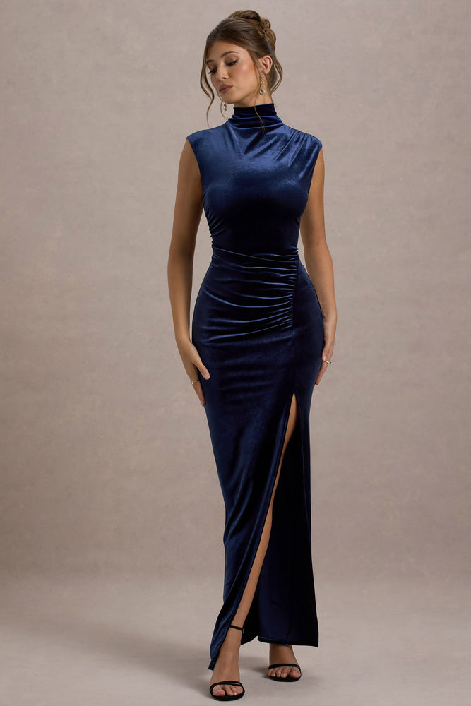 Abilene | NAVY Velvet High-Neck Split Maxi Dress - UK 6 NAVY