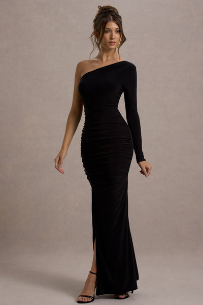 one sleeve dress long Shoulder Leg Slit Gown By Ladivine CD787 - Women Evening Formal Gown 5% Elastane)157cm lengthSKU Black One-Shoulder Long Sleeve Maxi