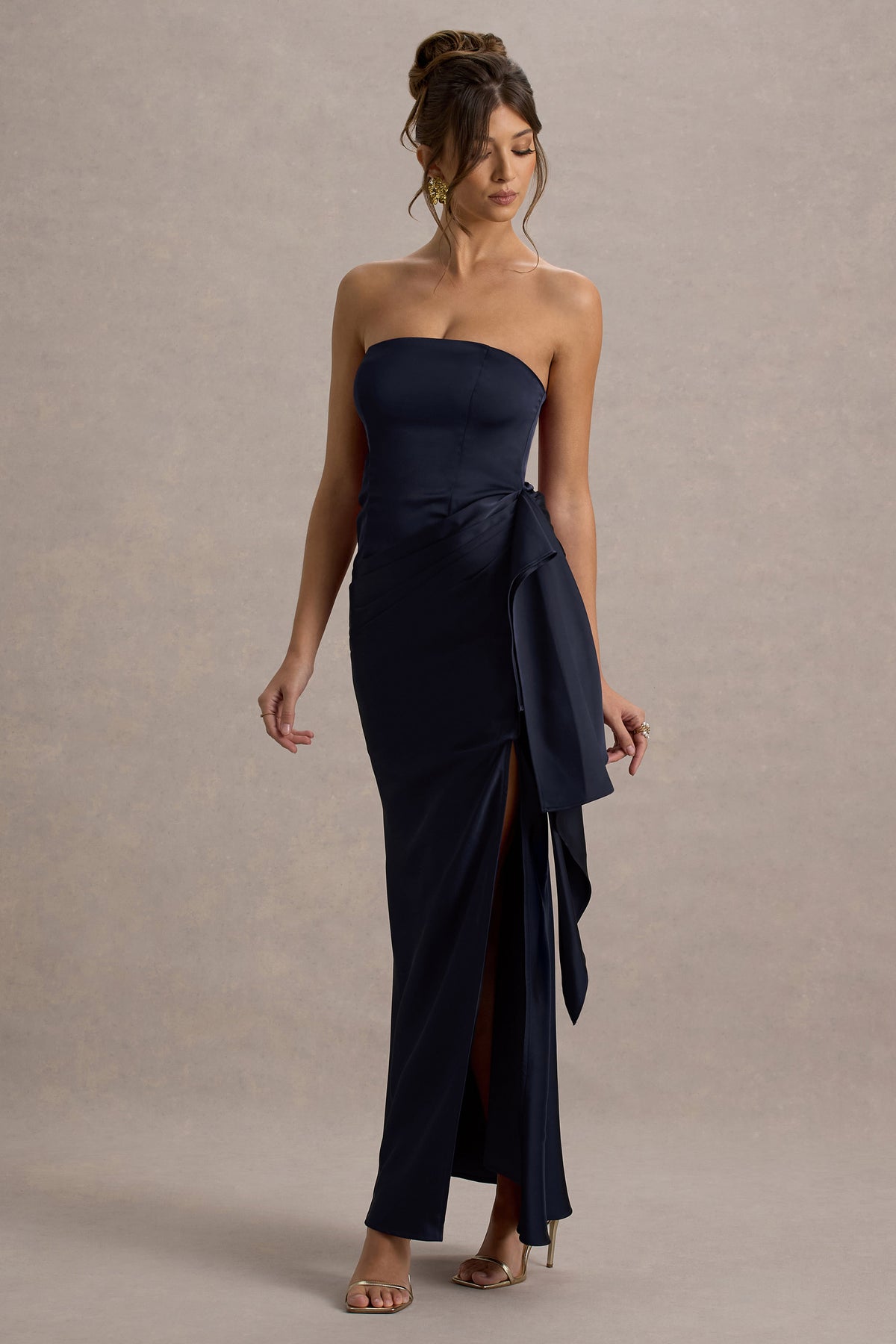 Loz Navy Satin Bandeau Draped Maxi Dress Club L London - USA Loz Navy Satin Bandeau Draped Maxi Dress Club L London - USA