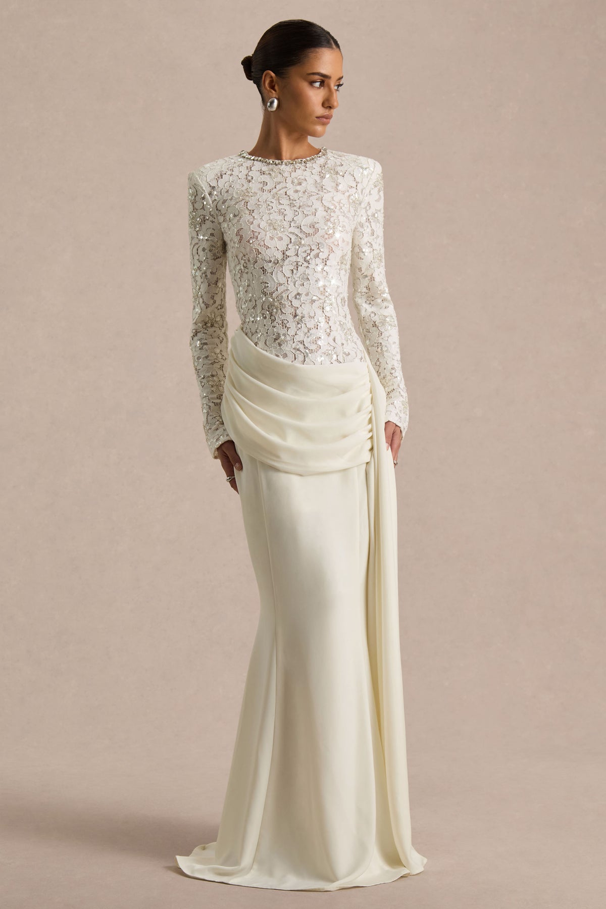 Beau | ECRU Lace Embellished Crew-Neck Maxi Dress With Draped Detail - UK 6 ECRU Beau | ECRU Lace Embellished Crew-Neck Maxi Dress With Draped Detail - UK 6 ECRU