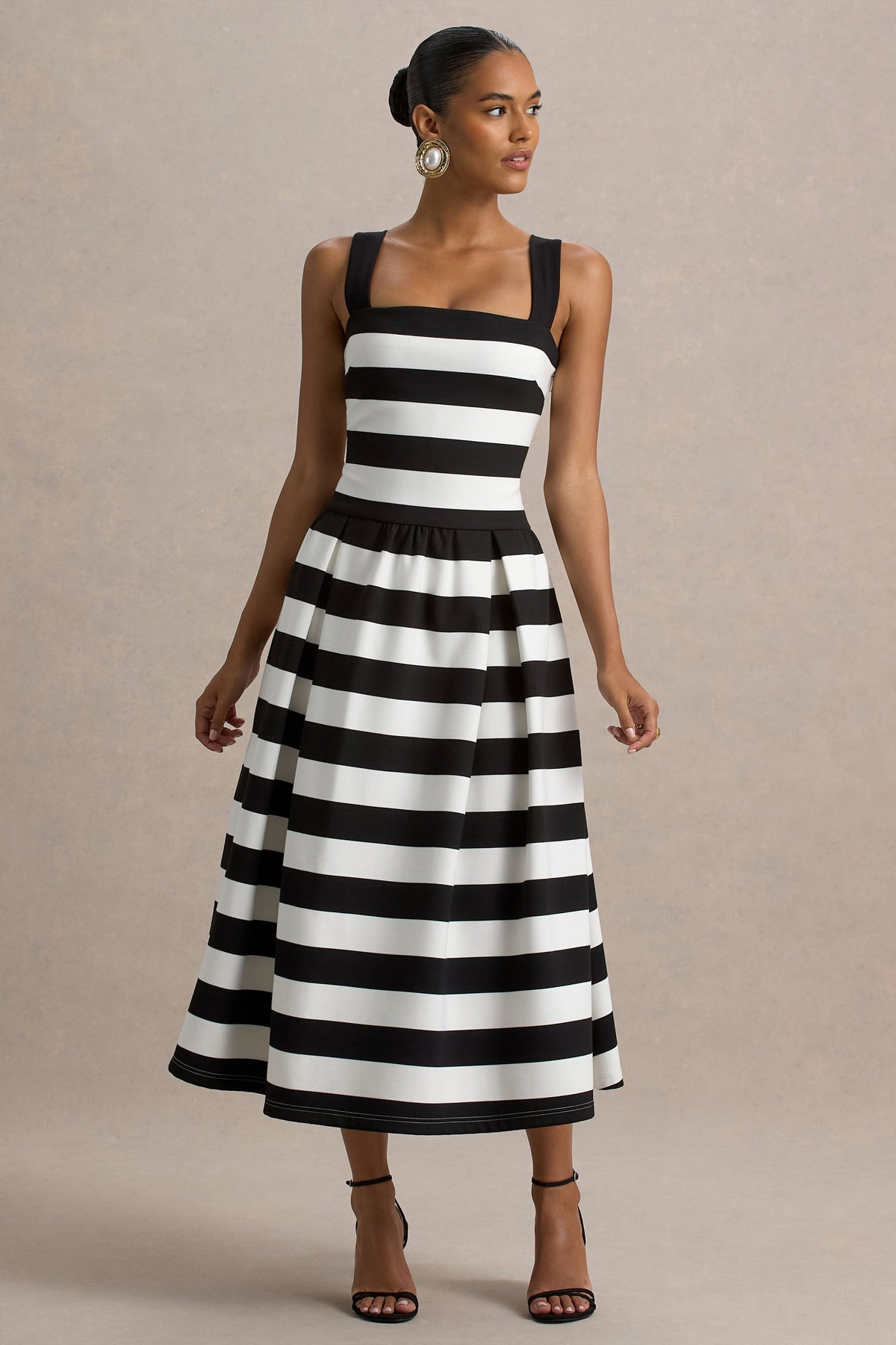Monte Carlo | Black & White Striped Square-Neck Drop-Waist Midi Dress - UK 6 Black AND White Striped Monte Carlo | Black & White Striped Square-Neck Drop-Waist Midi Dress - UK 6 Black AND White Striped