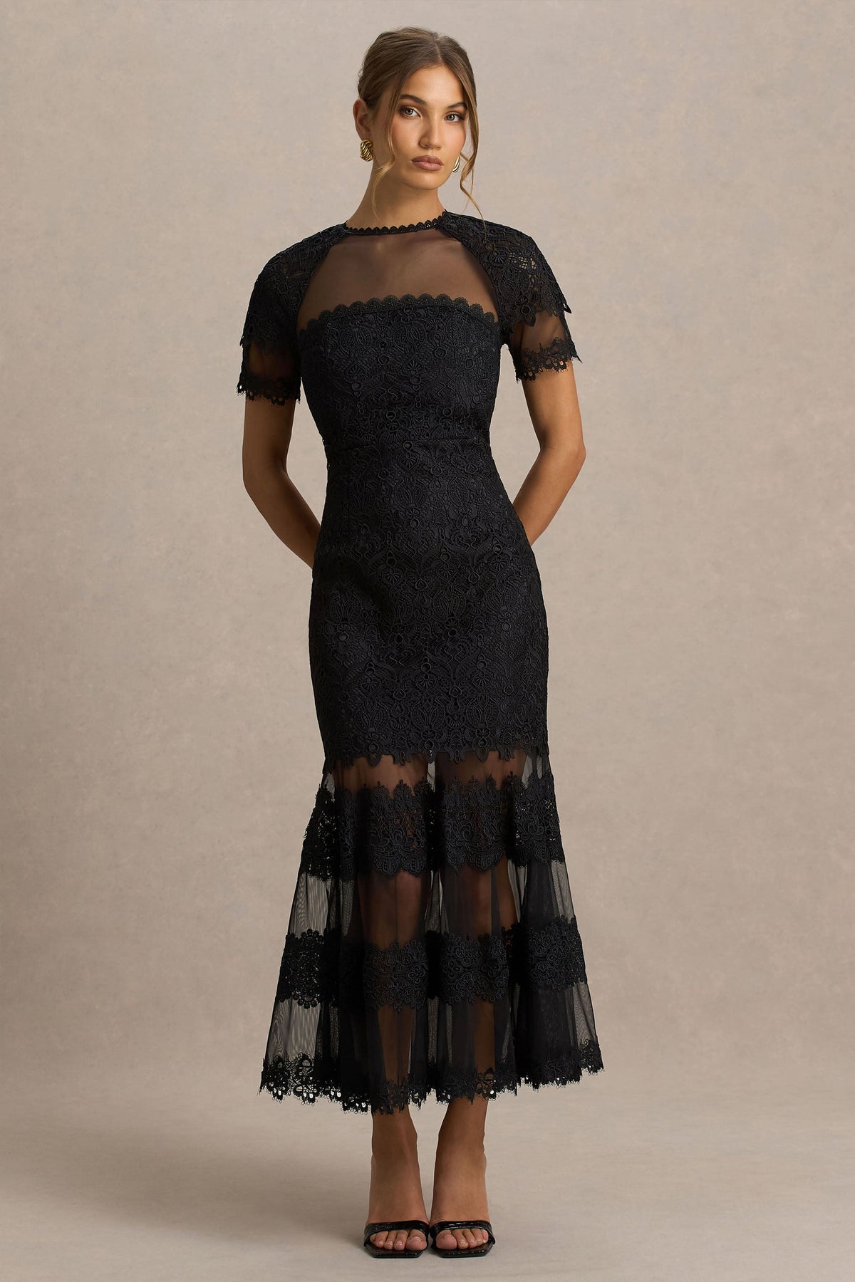 Leanne Black Mesh And Lace Crew-Neck Fishtail Midi Dress Club L London - USA Leanne Black Mesh And Lace Crew-Neck Fishtail Midi Dress Club L London - USA
