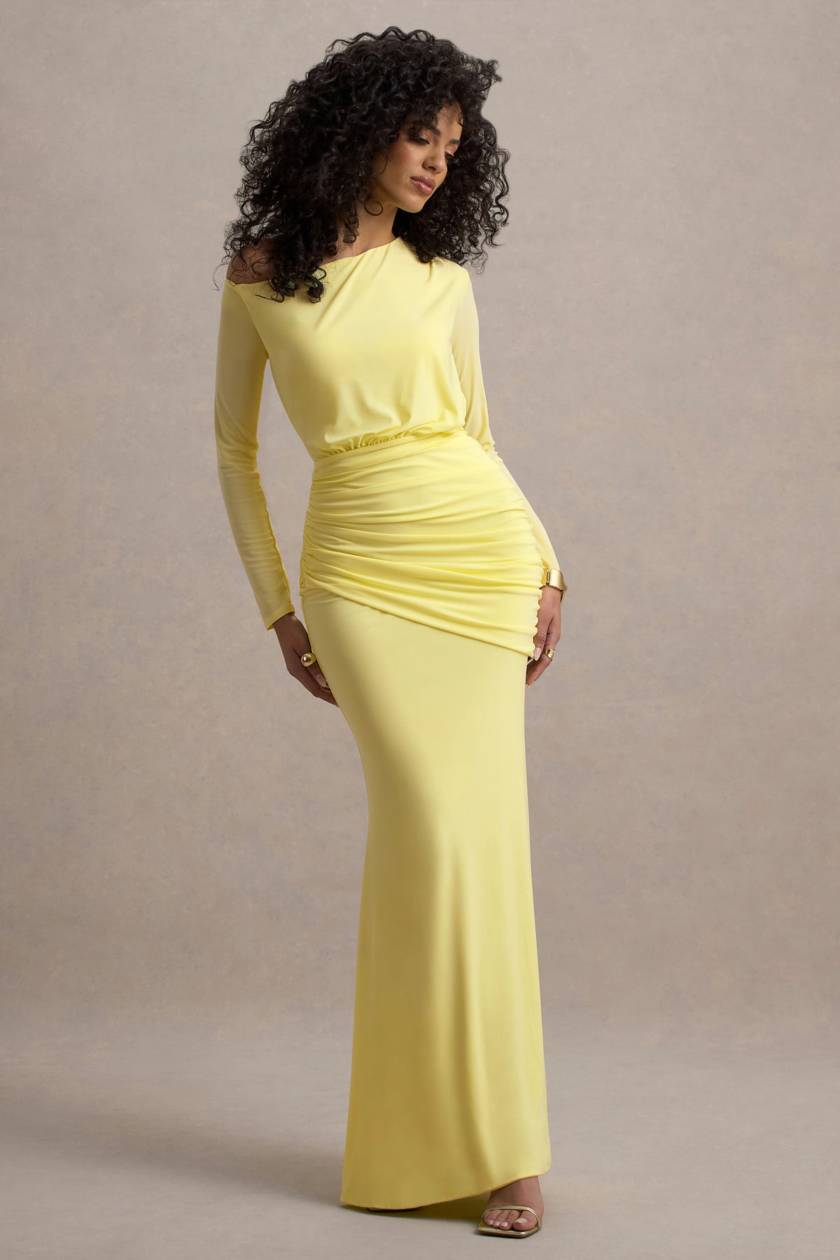 Deanna | Lemon Asymmetric Long-Sleeve Ruched Maxi Dress - UK 14 Lemon Deanna | Lemon Asymmetric Long-Sleeve Ruched Maxi Dress - UK 14 Lemon