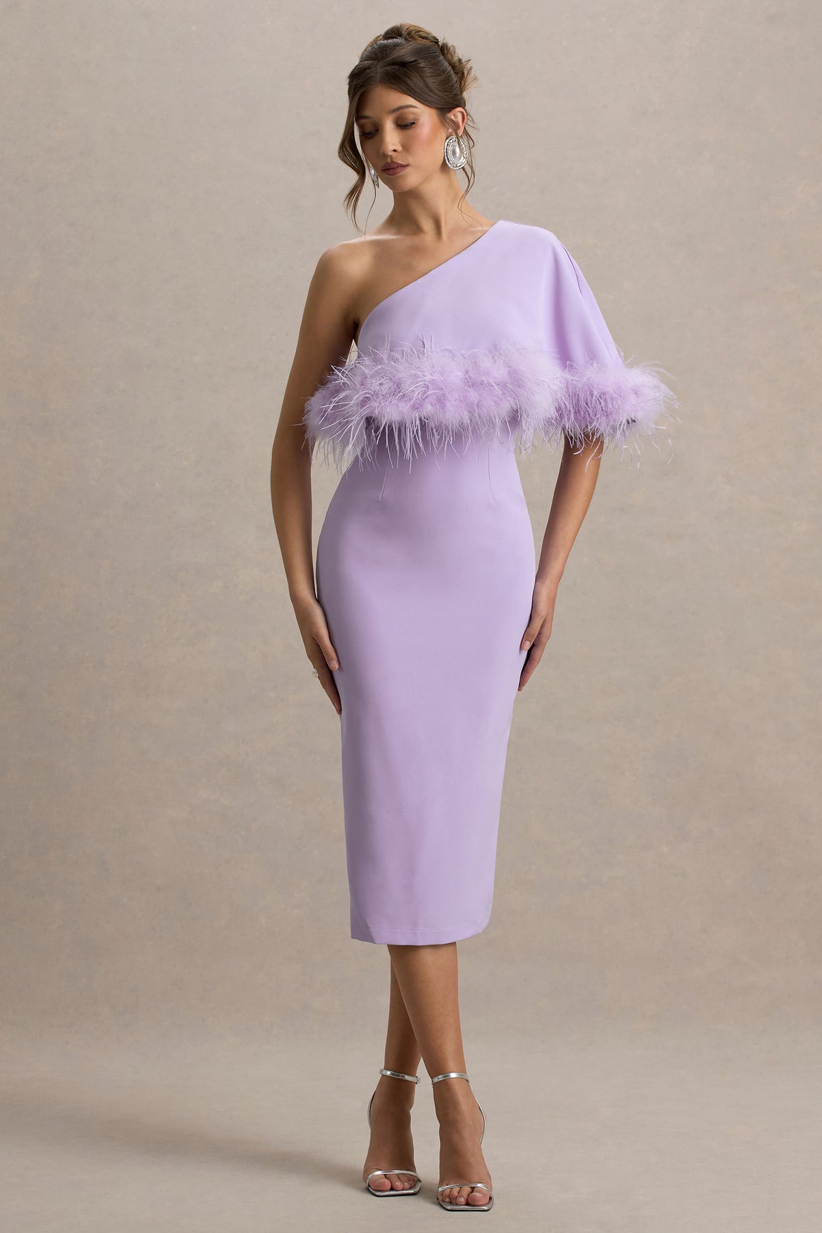 Victory Lilac One Shoulder Midi Dress With Feather Trim Club L London - USA Victory Lilac One Shoulder Midi Dress With Feather Trim Club L London - USA