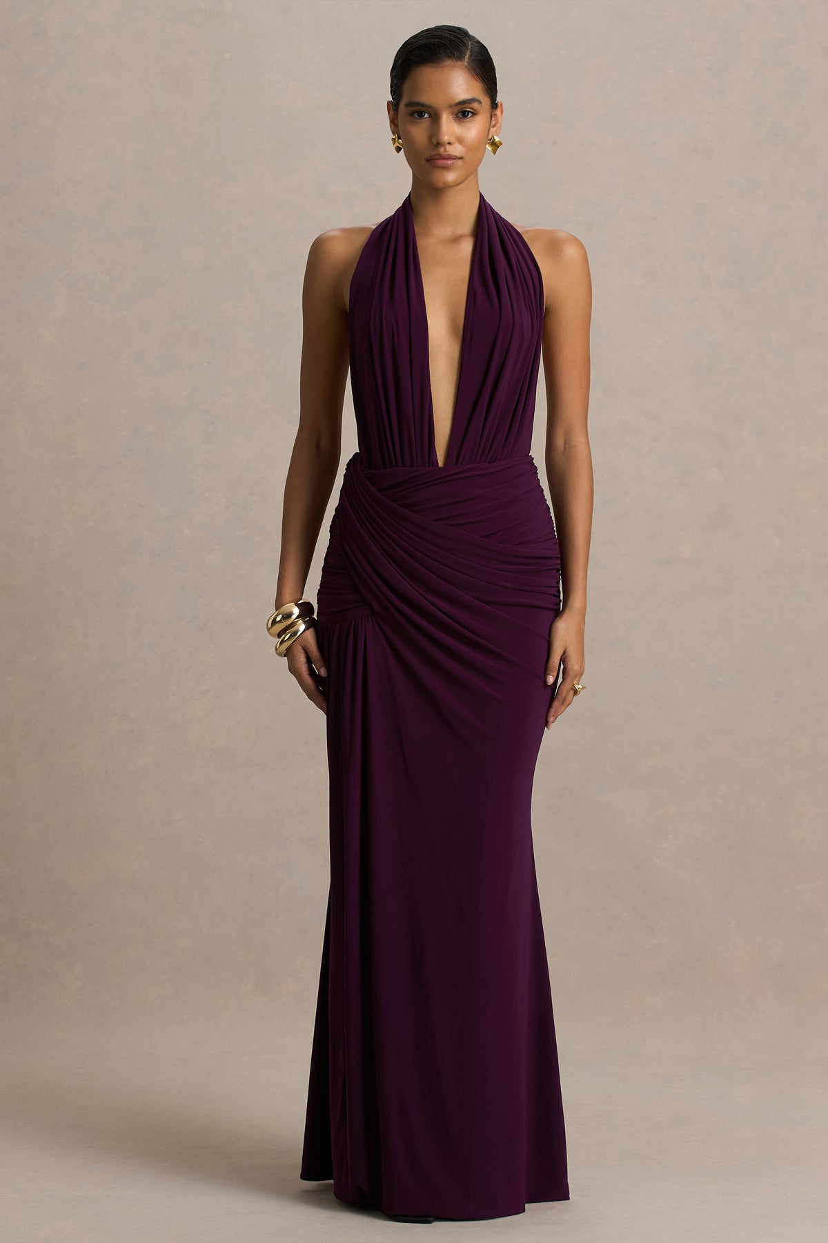 Tilly | Burgundy Extreme Plunge-Neck Maxi Dress With Wrap And Ruched Details - UK 12 PORT Tilly | Burgundy Extreme Plunge-Neck Maxi Dress With Wrap And Ruched Details - UK 12 PORT