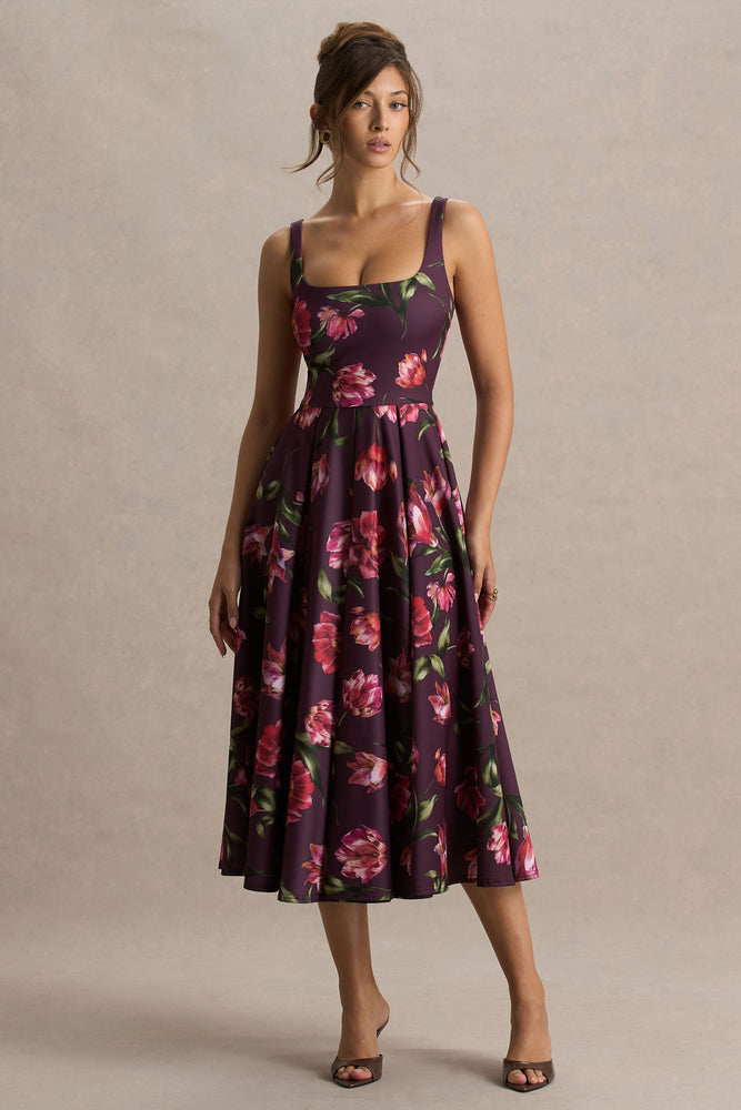 Berta Burgundy Floral Print Square-Neck Midi Dress  Club L London - USA