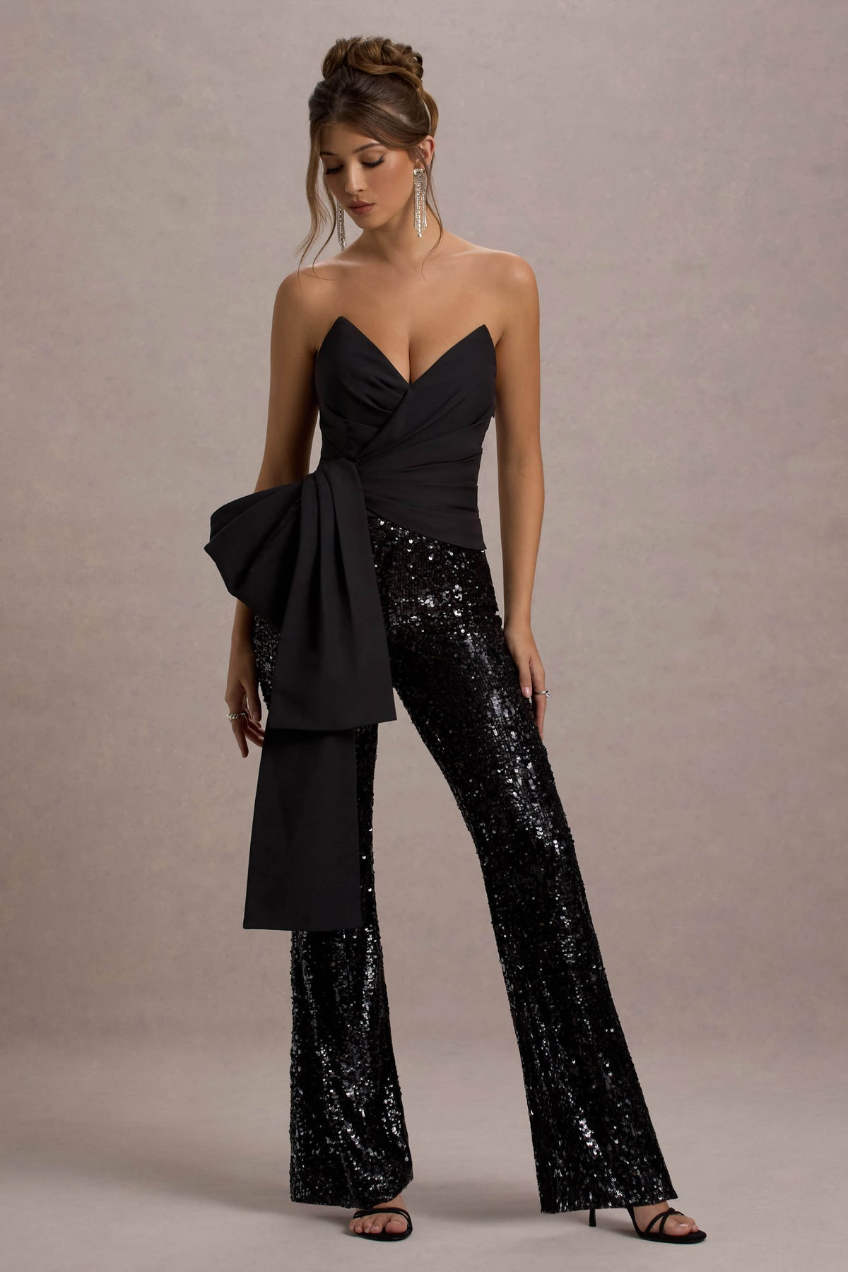 Flared Jumpsuit Glitter Top Jumpsuit Bianco Black Sequin Strapless Flared-Leg Jumpsuit With Drape Flared Jumpsuit Glitter Top Jumpsuit Bianco Black Sequin Strapless Flared-Leg Jumpsuit With Drape