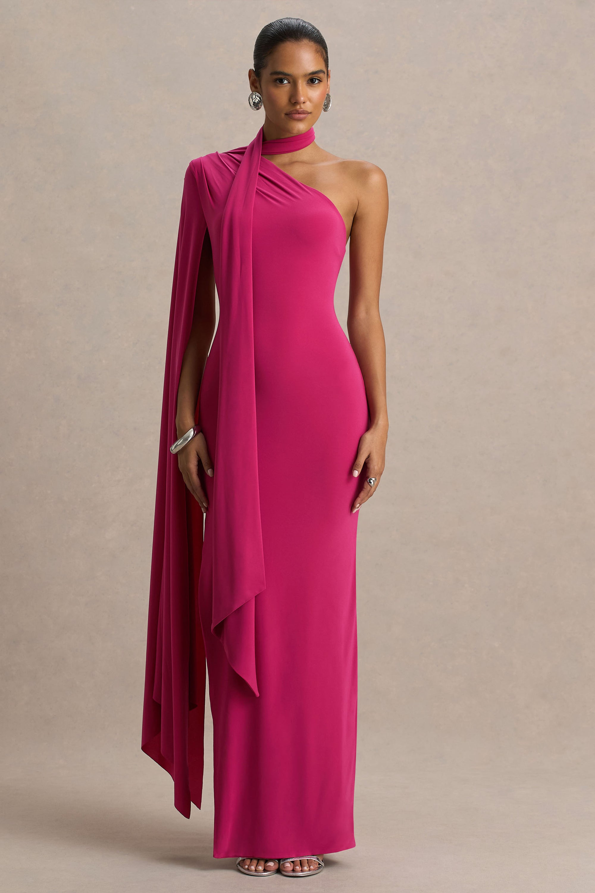 hot pink asymmetric wrap neck dress House of CB - Aida Asymmetric Wrap Neck Dress - Hot Pink