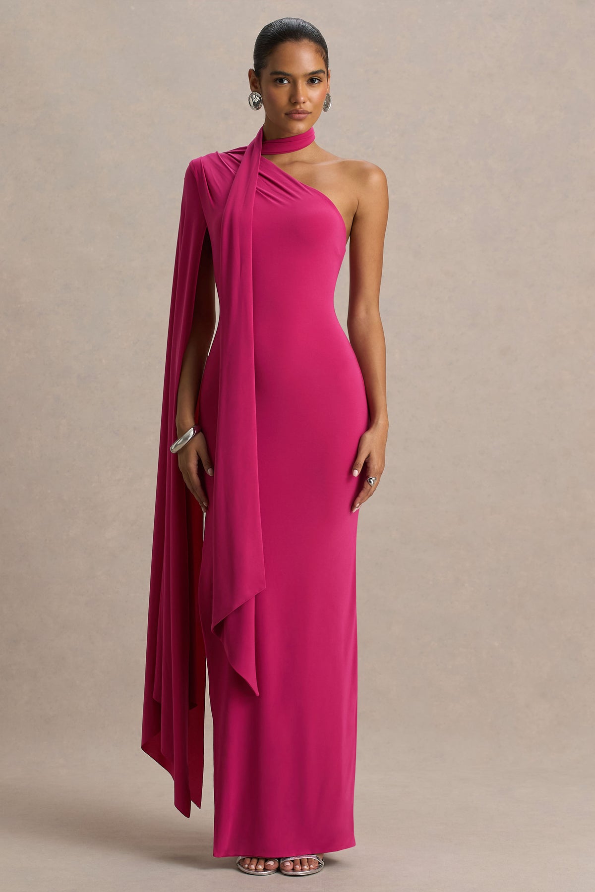 Amal Hot Pink Asymmetric-Neck Maxi Dress With Scarf and Cape Detail Club L London - USA Amal Hot Pink Asymmetric-Neck Maxi Dress With Scarf and Cape Detail Club L London - USA