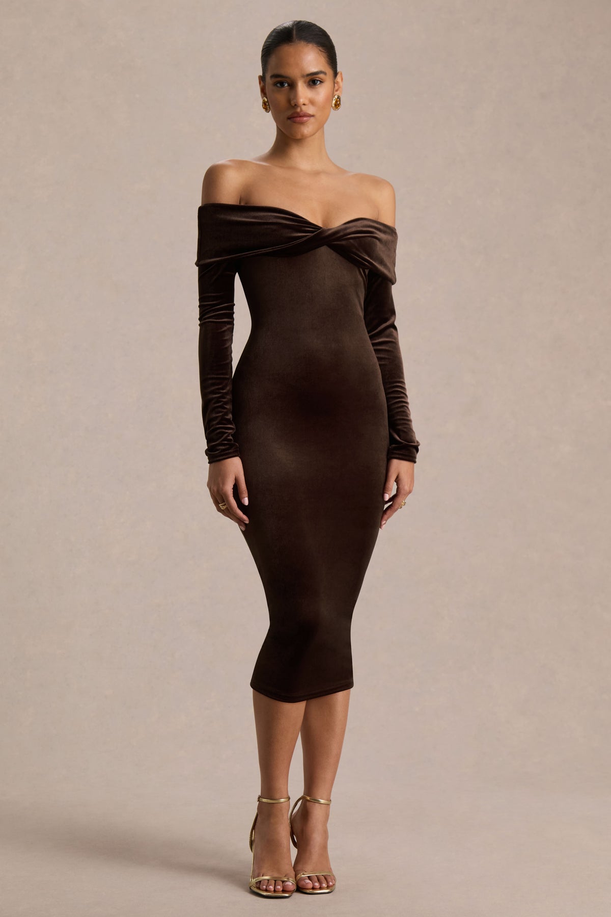Compliment | Brown Velvet Bardot Midi Dress - UK 6 DARK Brown Compliment | Brown Velvet Bardot Midi Dress - UK 6 DARK Brown