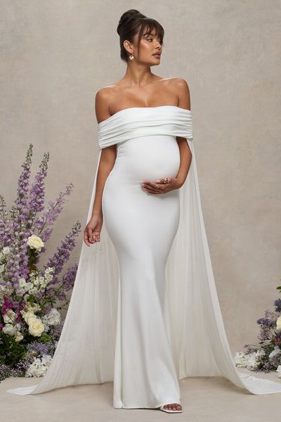 Carlotta White Bardot Maternity Maxi Dress With Chiffon Cape – Club L  London