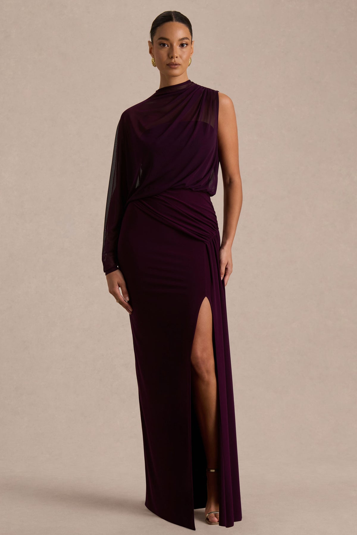 Aurelia | Dark Plum High-Neck Wrapped Maxi Dress with One-Cape Sleeve - UK 14 Aubergine Aurelia | Dark Plum High-Neck Wrapped Maxi Dress with One-Cape Sleeve - UK 14 Aubergine