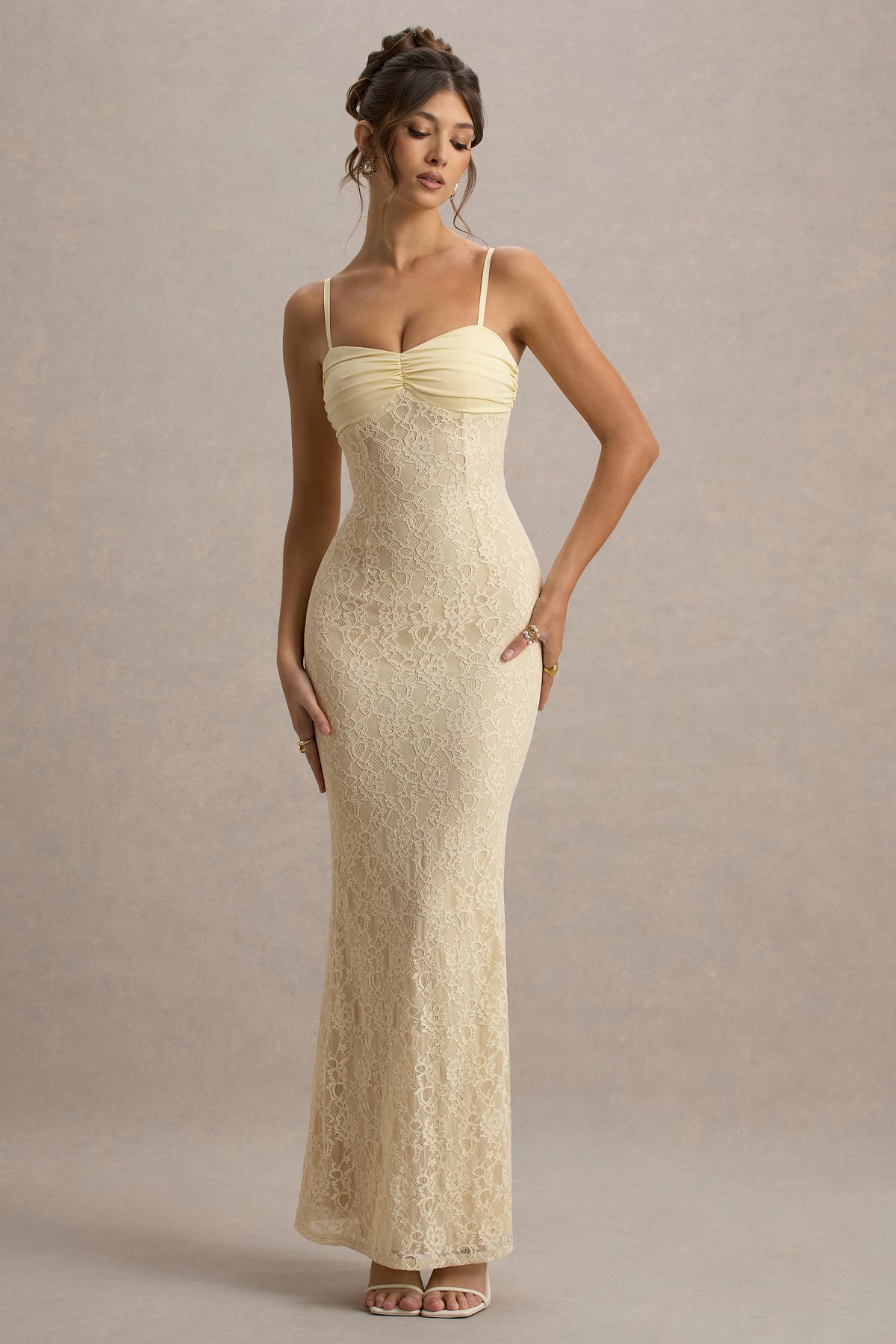 Felicia Pale Lemon Satin Sweetheart Maxi Dress With Lace Details Club L London - USA Felicia Pale Lemon Satin Sweetheart Maxi Dress With Lace Details Club L London - USA