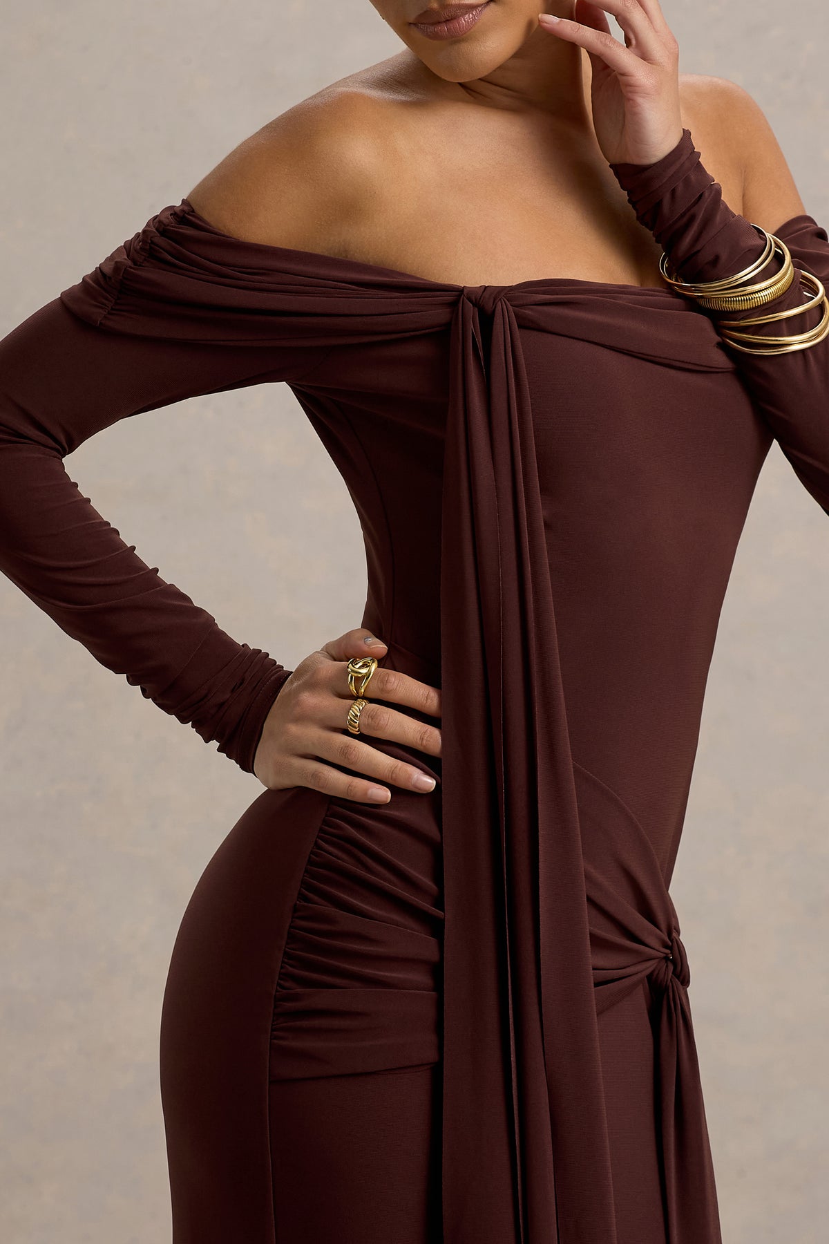 Jovie | Brown Bardot Wrap Maxi Dress With Sash Detail - UK 12 Brown Jovie | Brown Bardot Wrap Maxi Dress With Sash Detail - UK 12 Brown