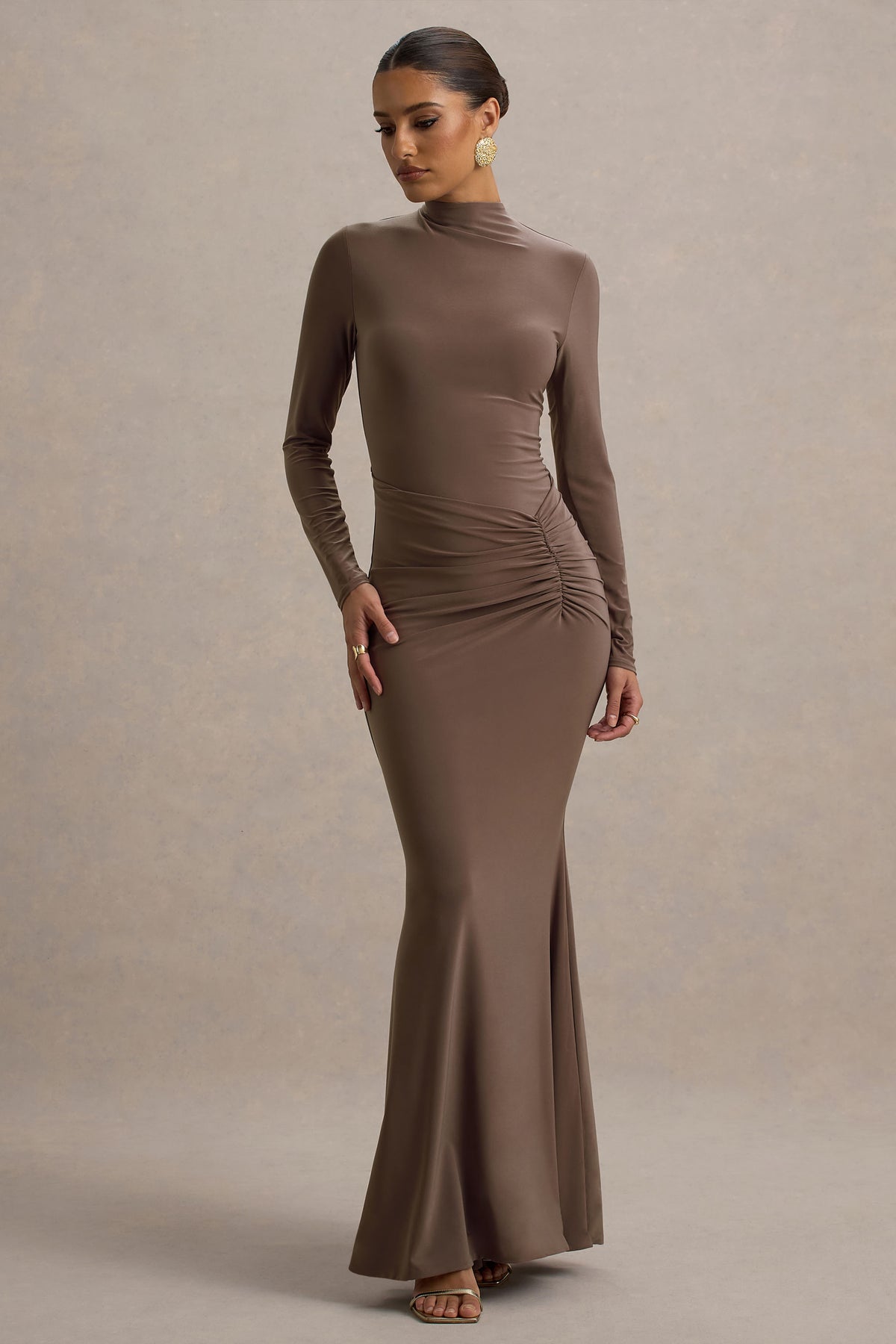 Reid Brown Long-Sleeve Gathered Maxi Dress Club L London - USA Reid Brown Long-Sleeve Gathered Maxi Dress Club L London - USA