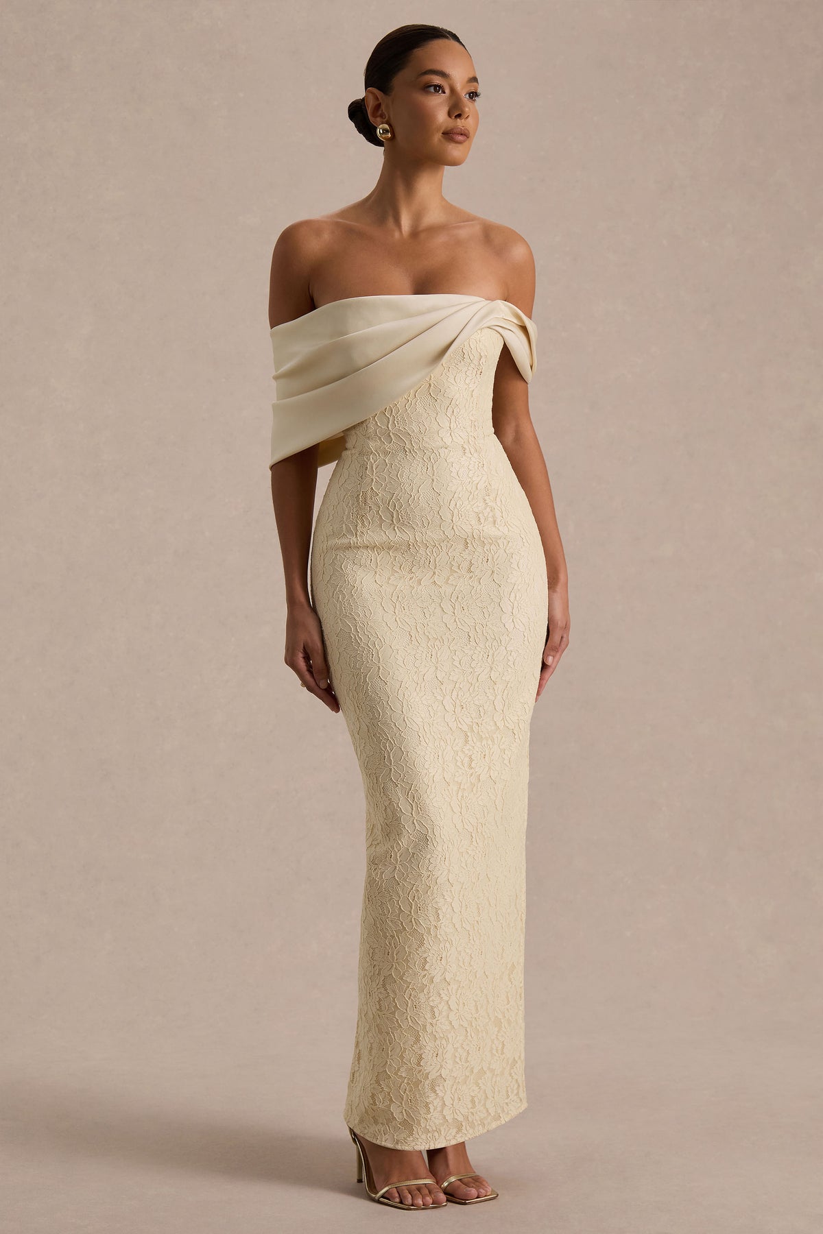Solora Cream Lace Twisted Bardot-Neck Maxi Dress Club L London - USA Solora Cream Lace Twisted Bardot-Neck Maxi Dress Club L London - USA